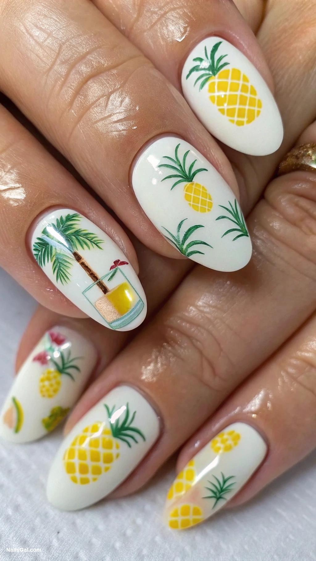 cocktail nails Pina colada white with yellow accents