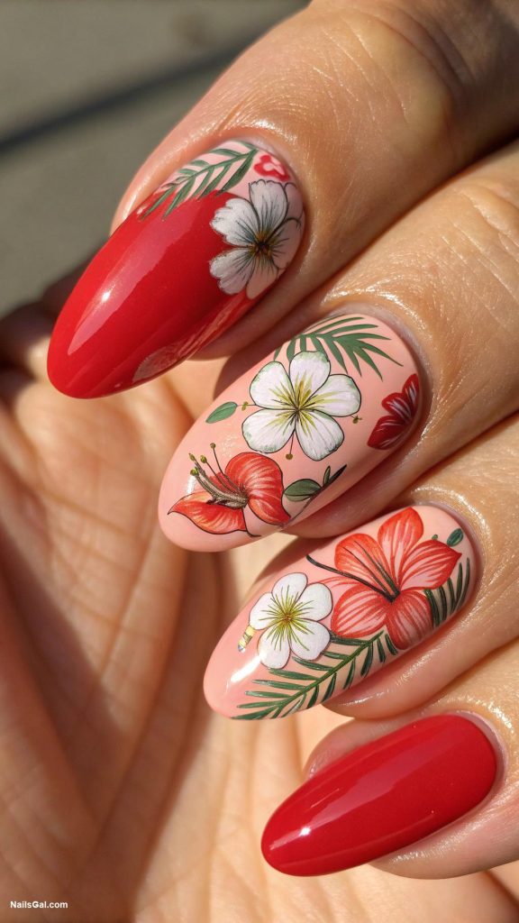 cocktail nails Rum punch bright red with floral