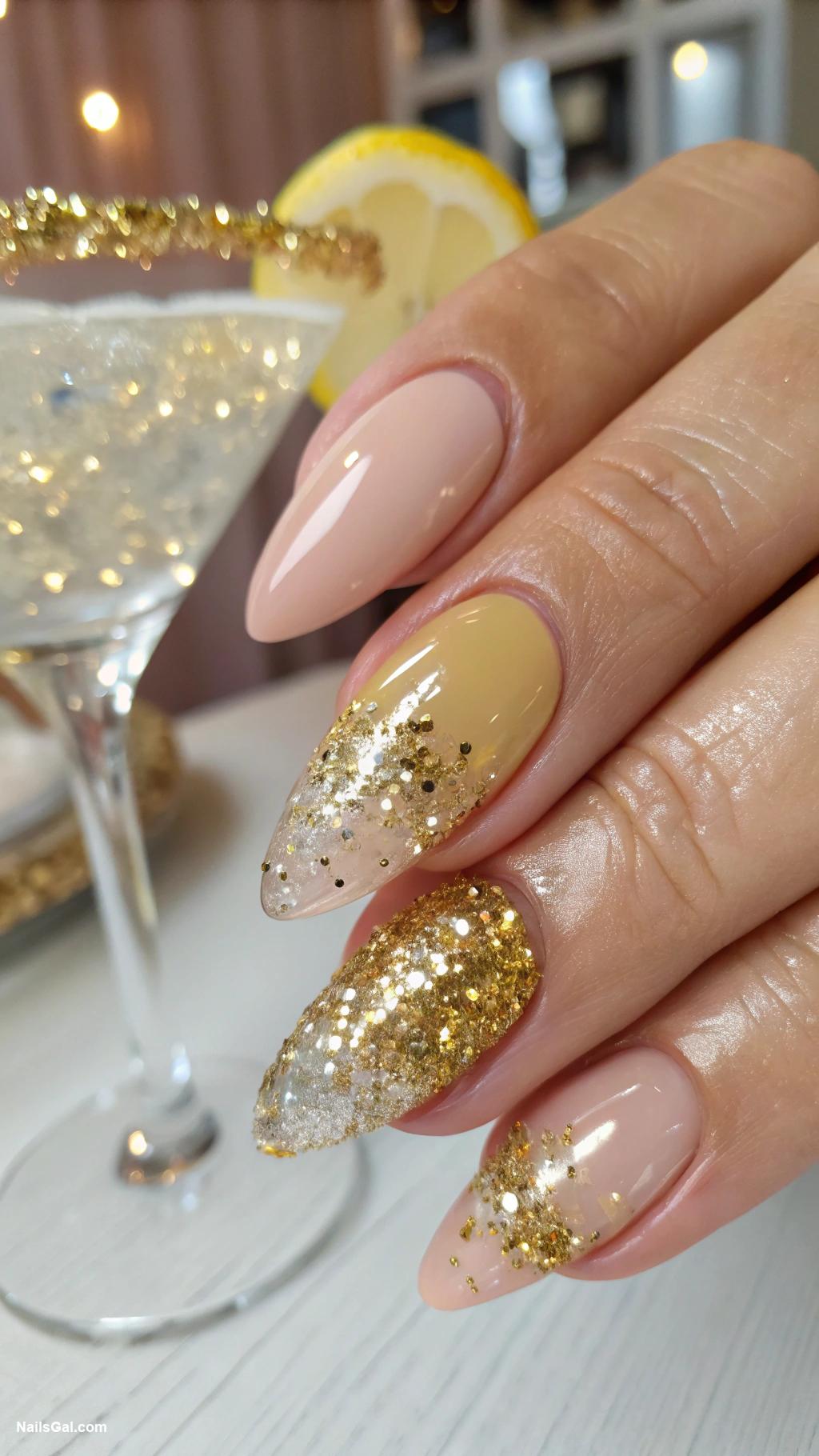 cocktail nails Sparkling champagne gold glitter