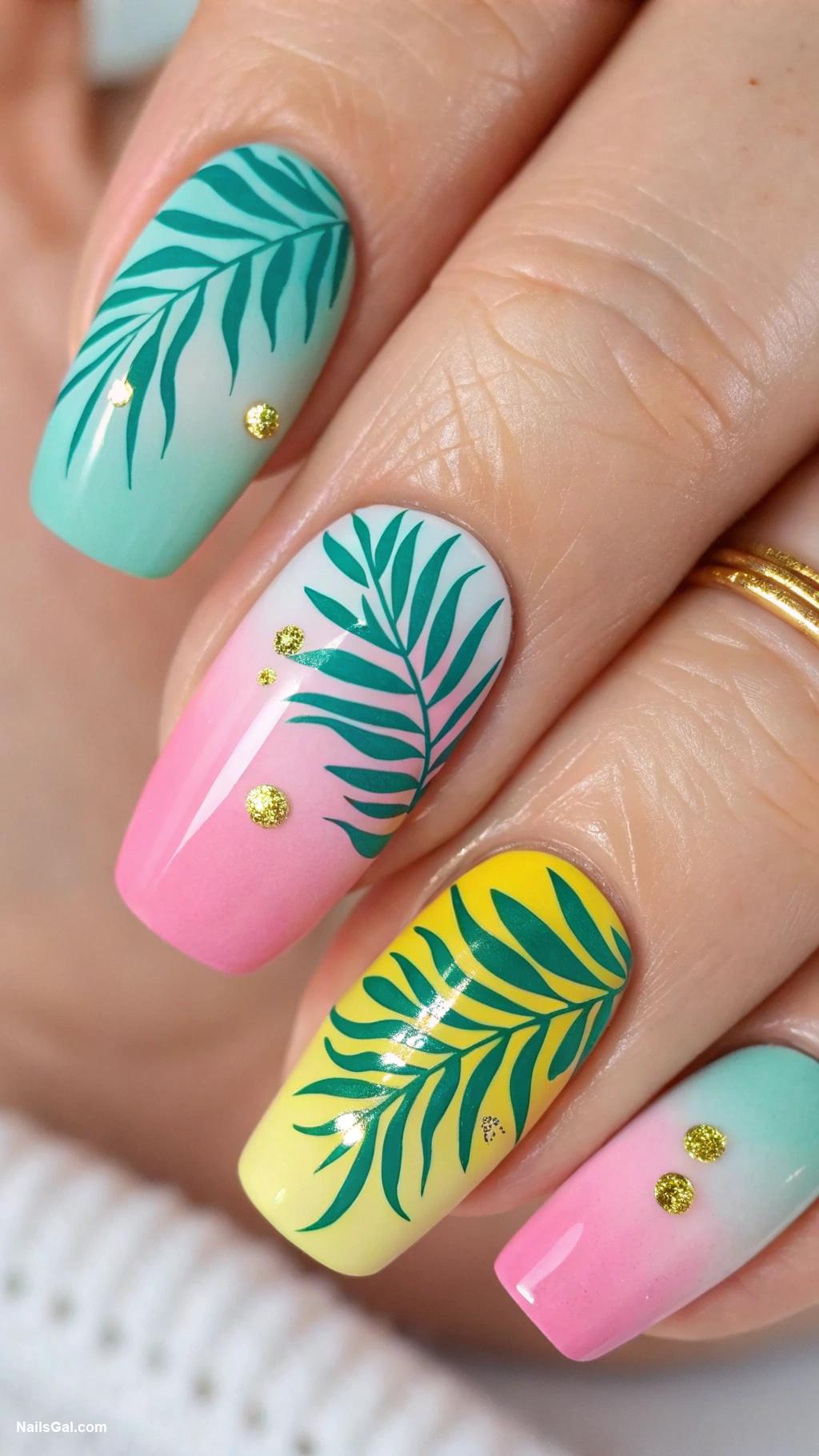 cocktail nails Tropical palm leaves with bright hues