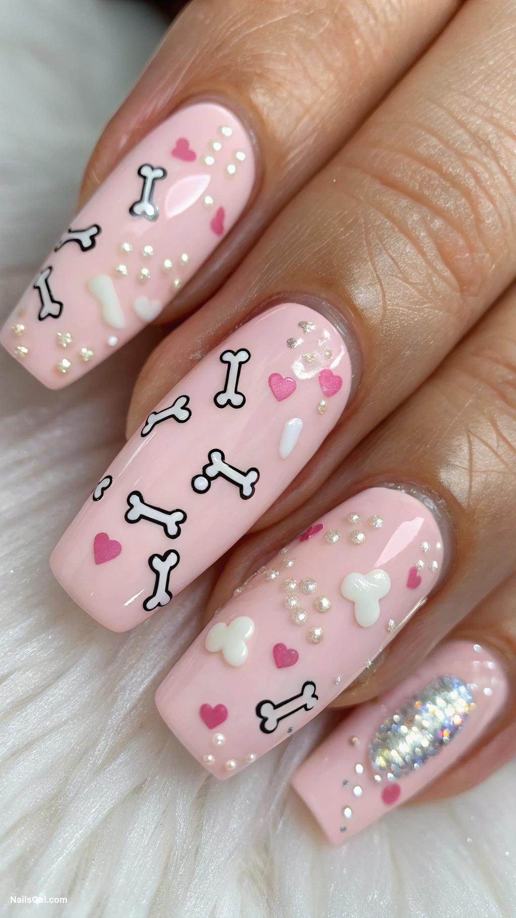 dog nails Bone patterns with glitter accents