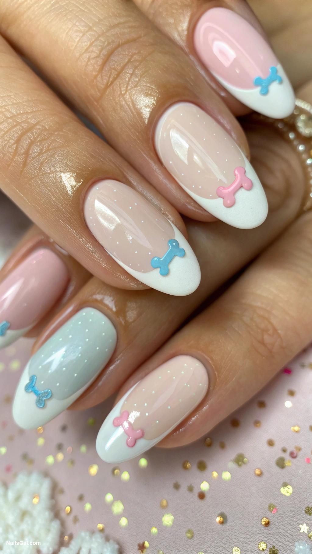 dog nails French tip with dog bone details