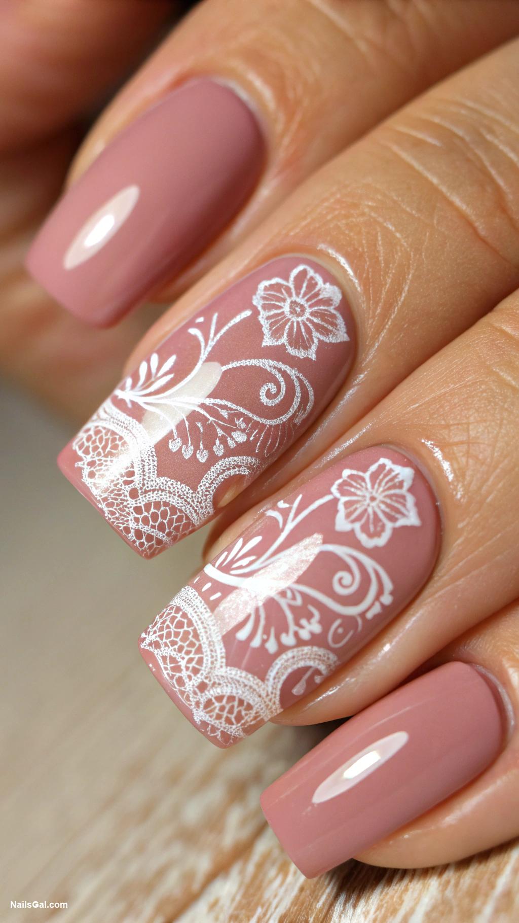 dusty rose nails Dusty rose with delicate lace patterns