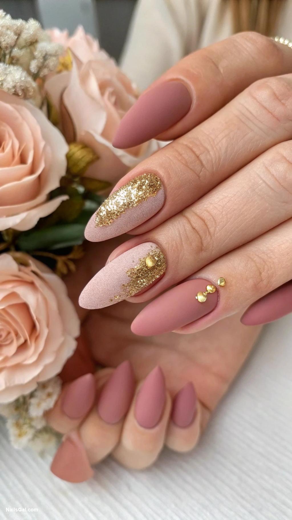 dusty rose nails Matte dusty rose with gold glitter tip