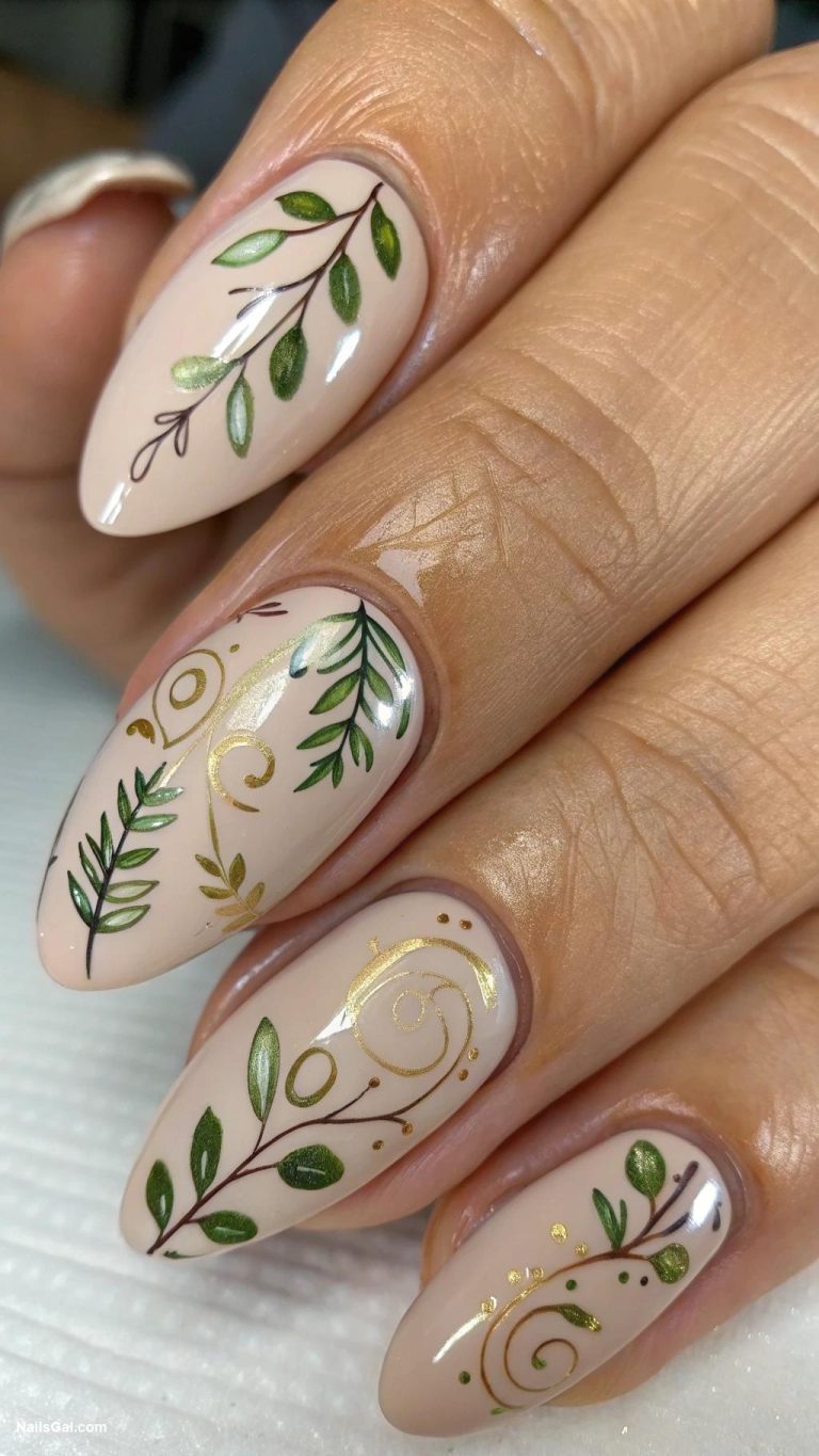 earthy nail art Green leaves and vines design