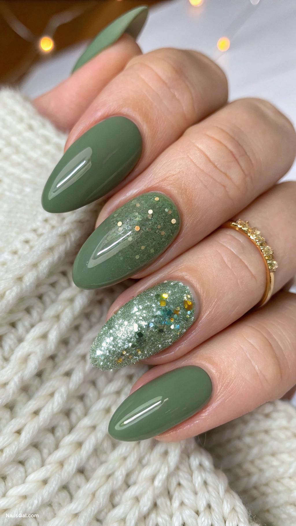 earthy nail art Mossy green with glitter