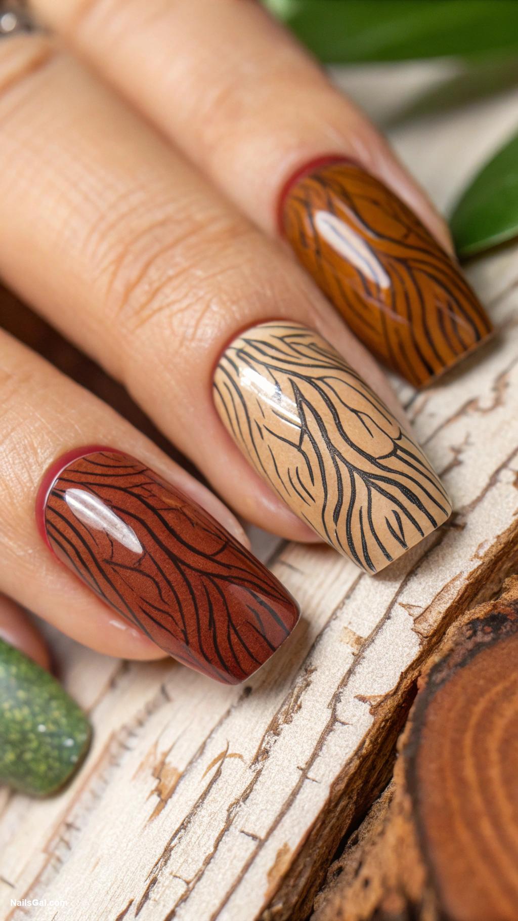 earthy nail art Rustic wood grain pattern