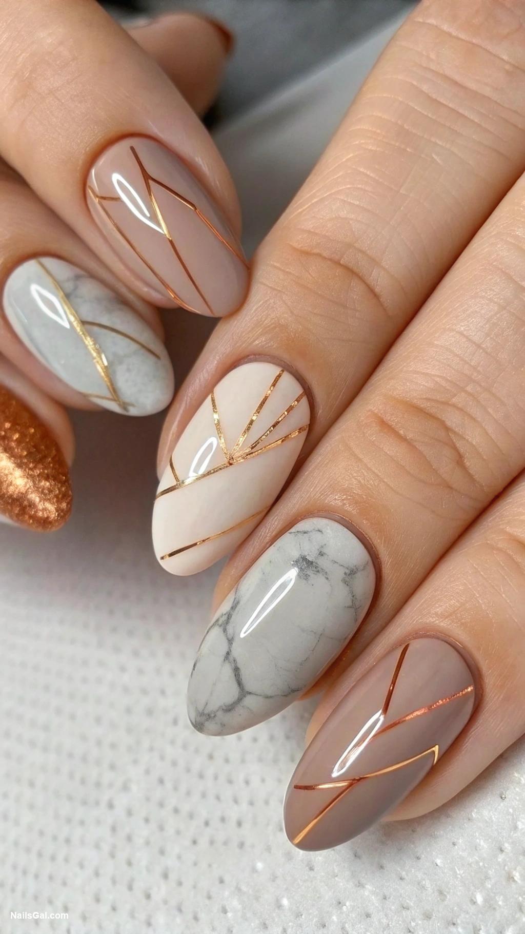 earthy nail art Stone texture with metallic accents