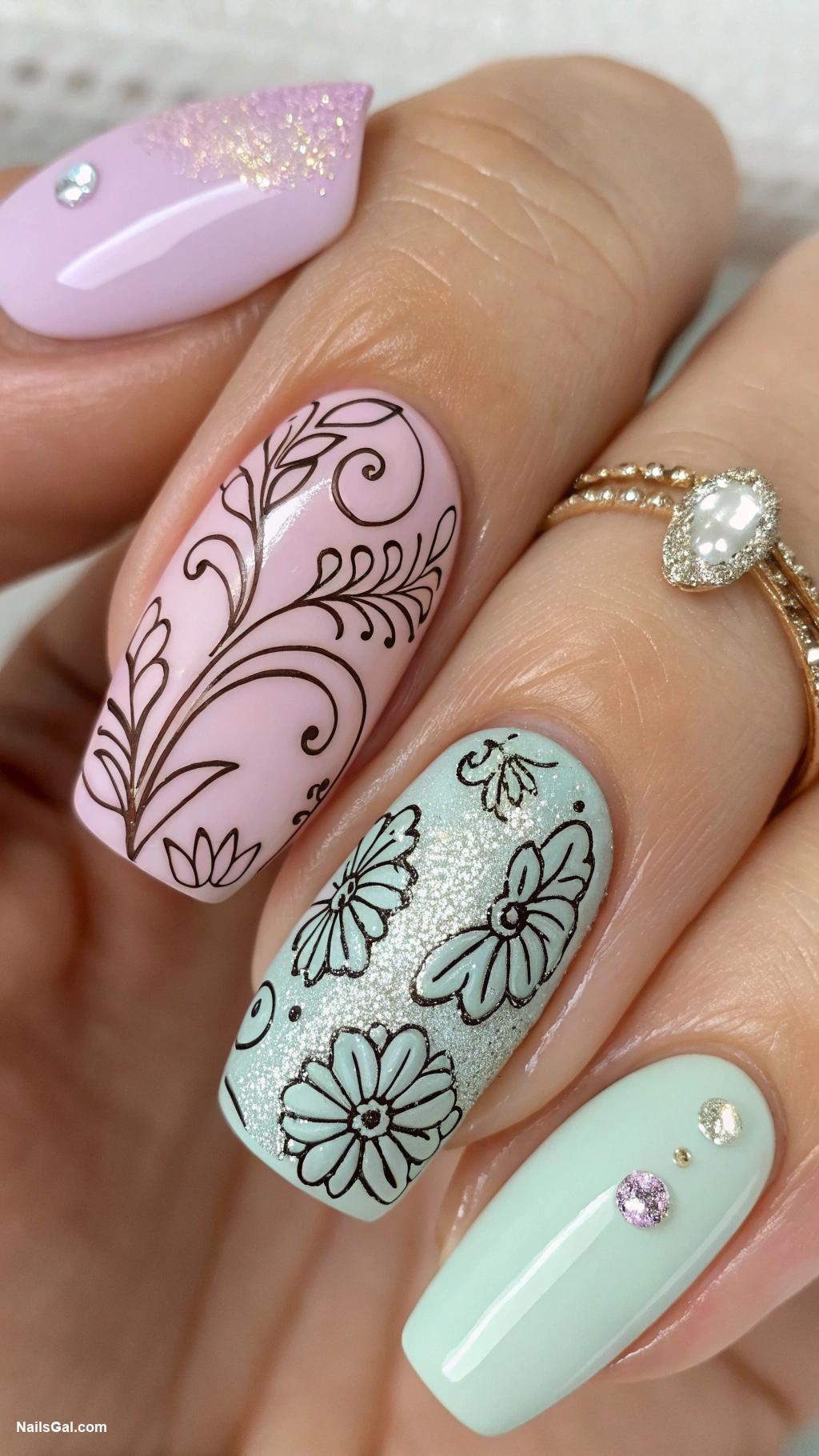 floral nails Abstract floral shapes with glitter