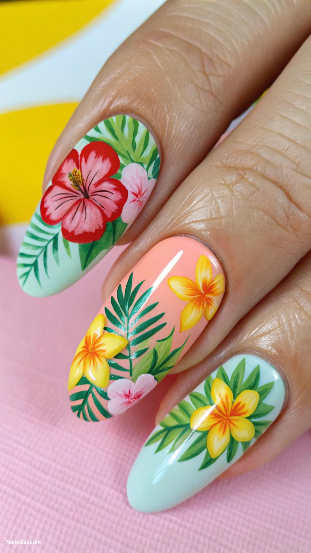 floral nails Bold tropical flowers on bright background