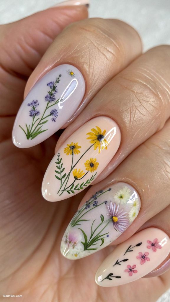 floral nails Brushstroke wildflowers on clear polish