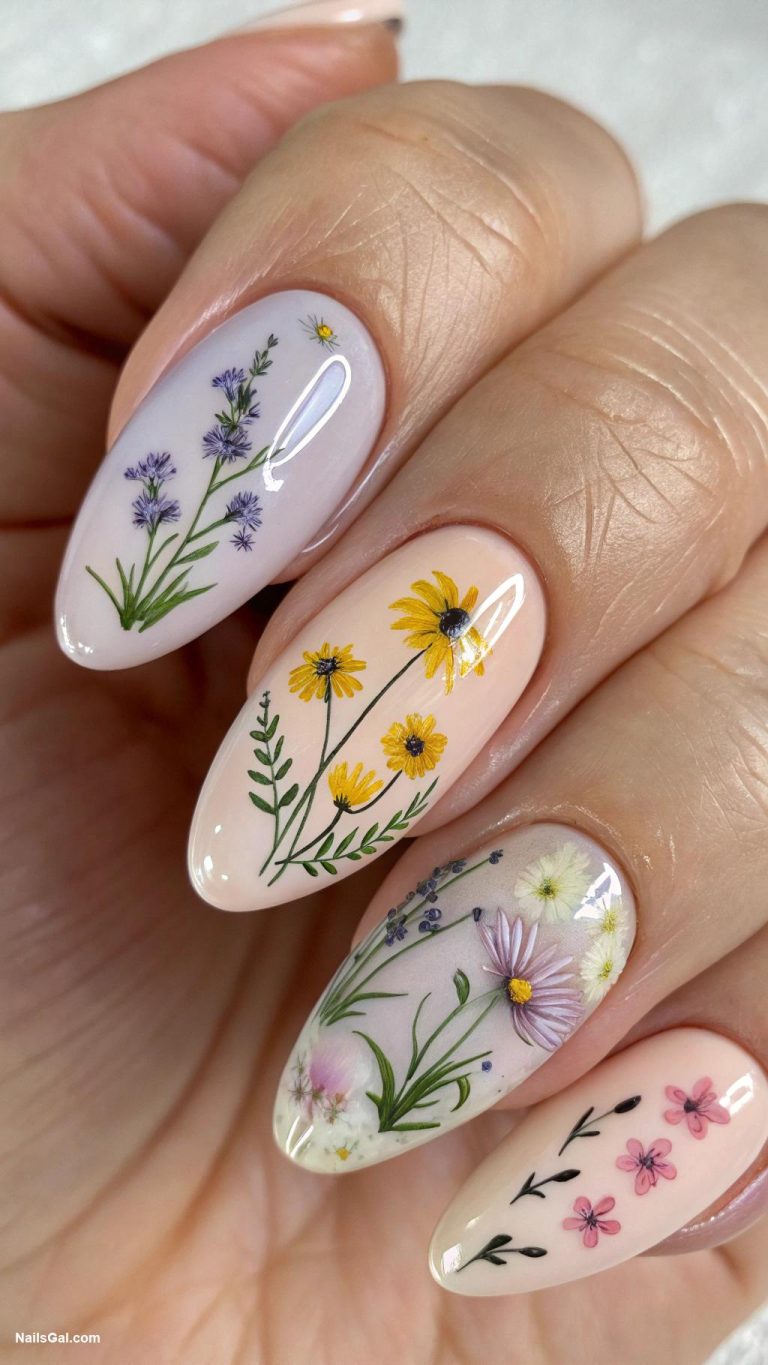 floral nails Brushstroke wildflowers on clear polish