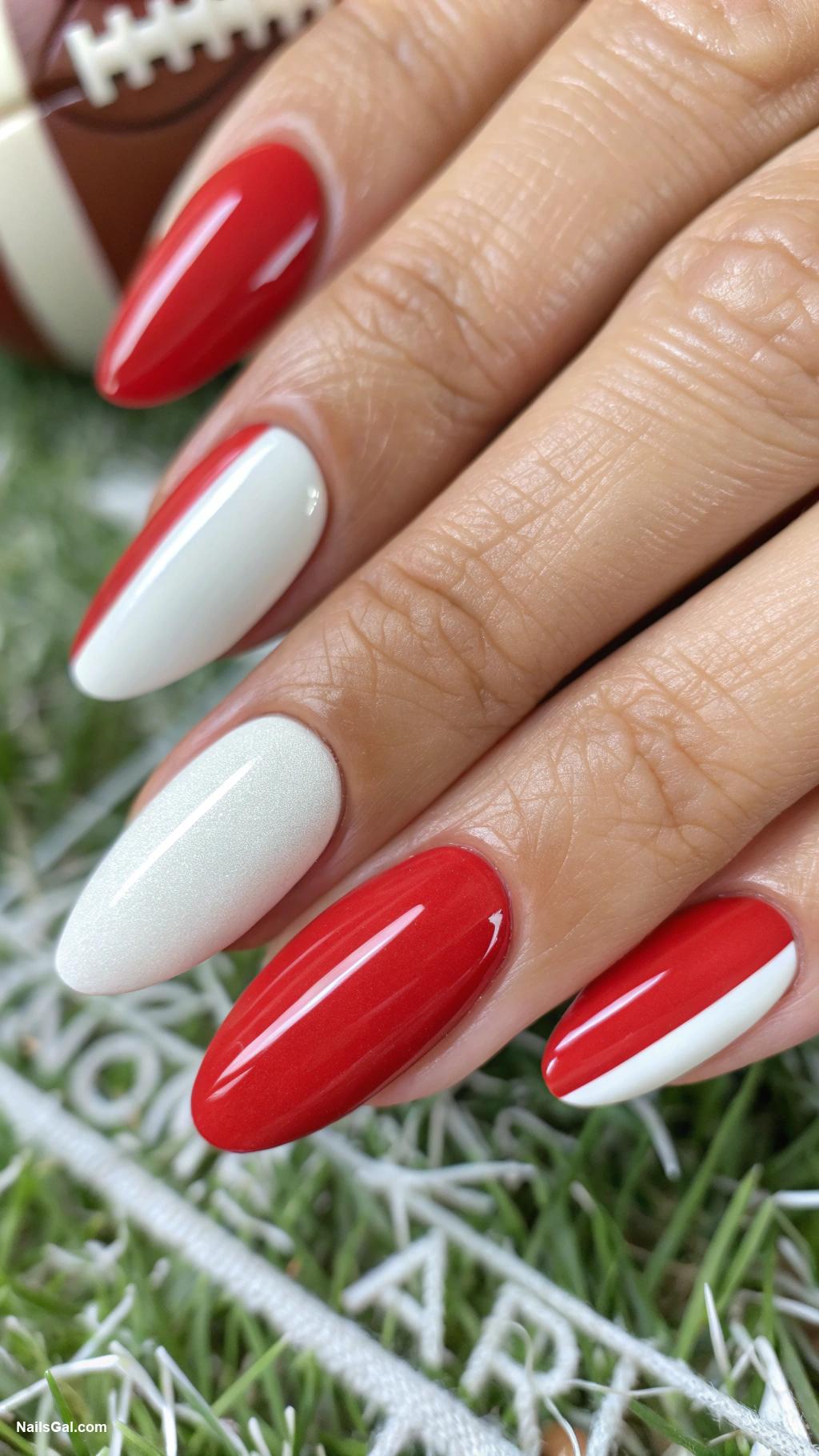 football nails Half red half white striped design