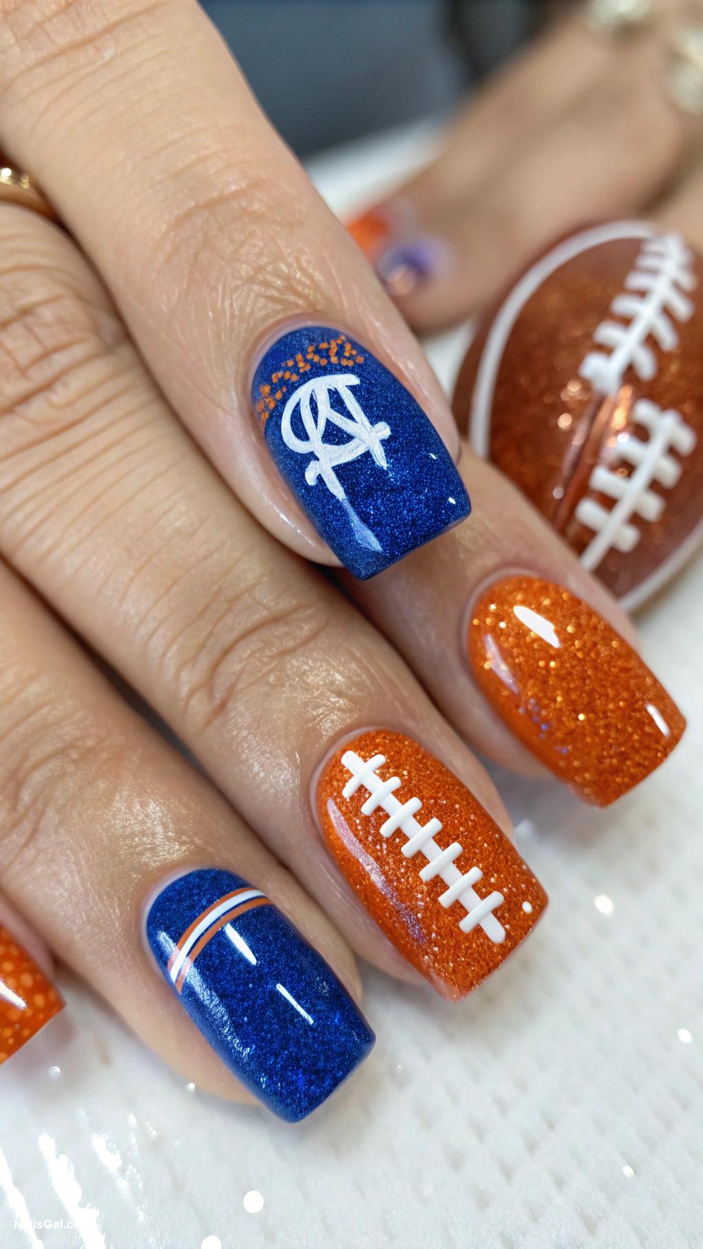 football nails Team colors with glitter accents