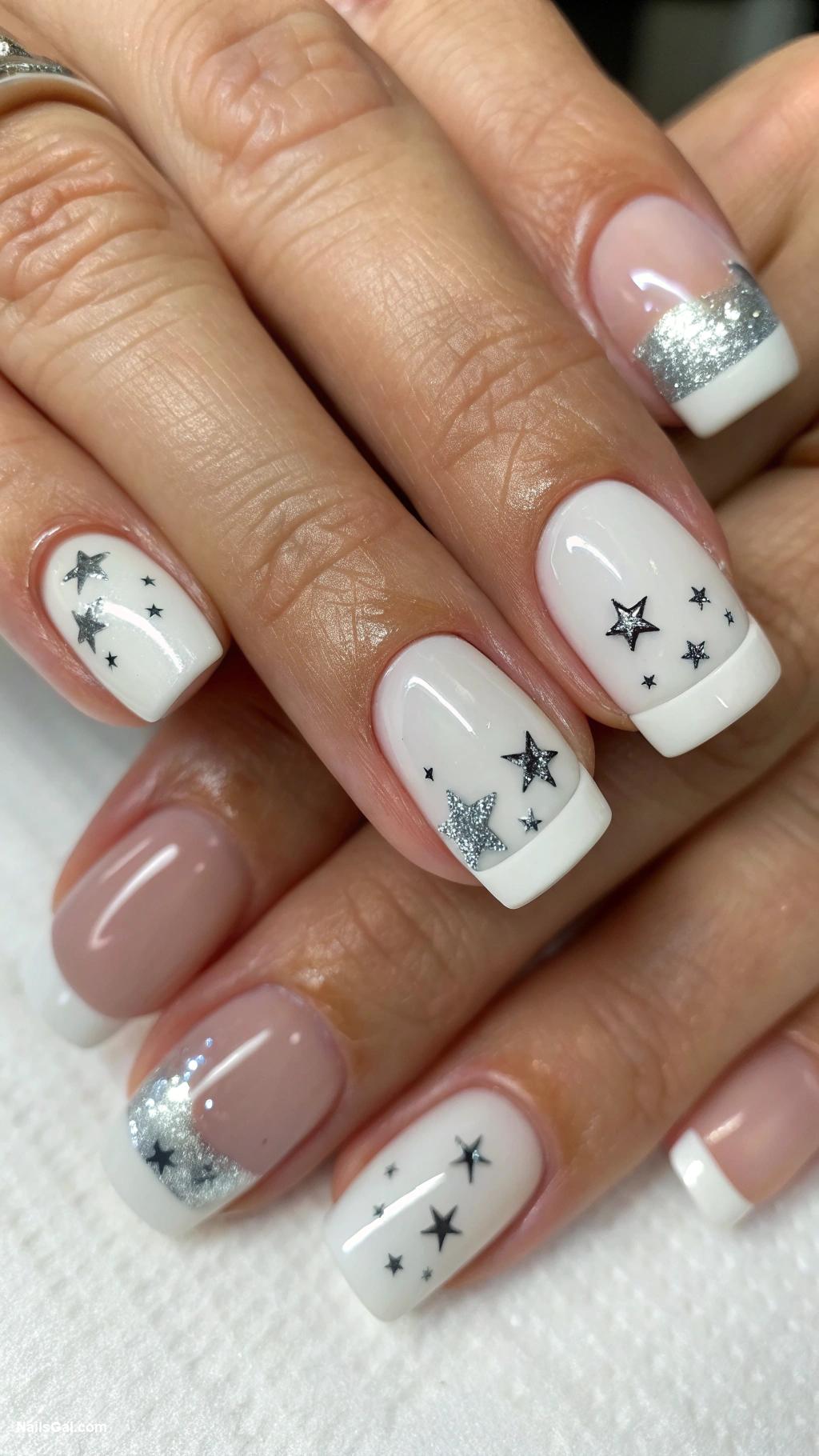 french nails ideas Classic white tips with silver stars