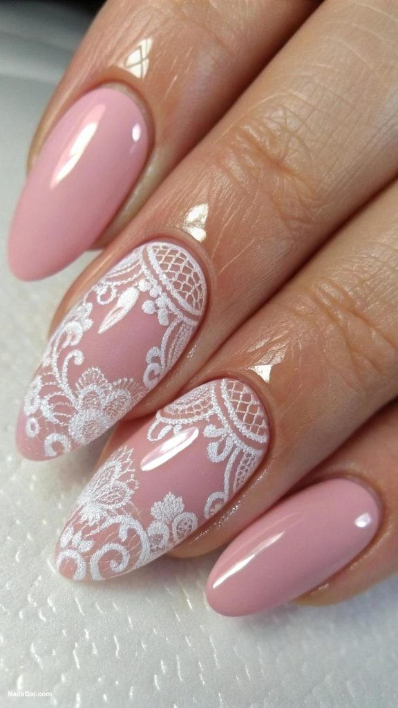 french nails ideas Delicate lace design on pink nails