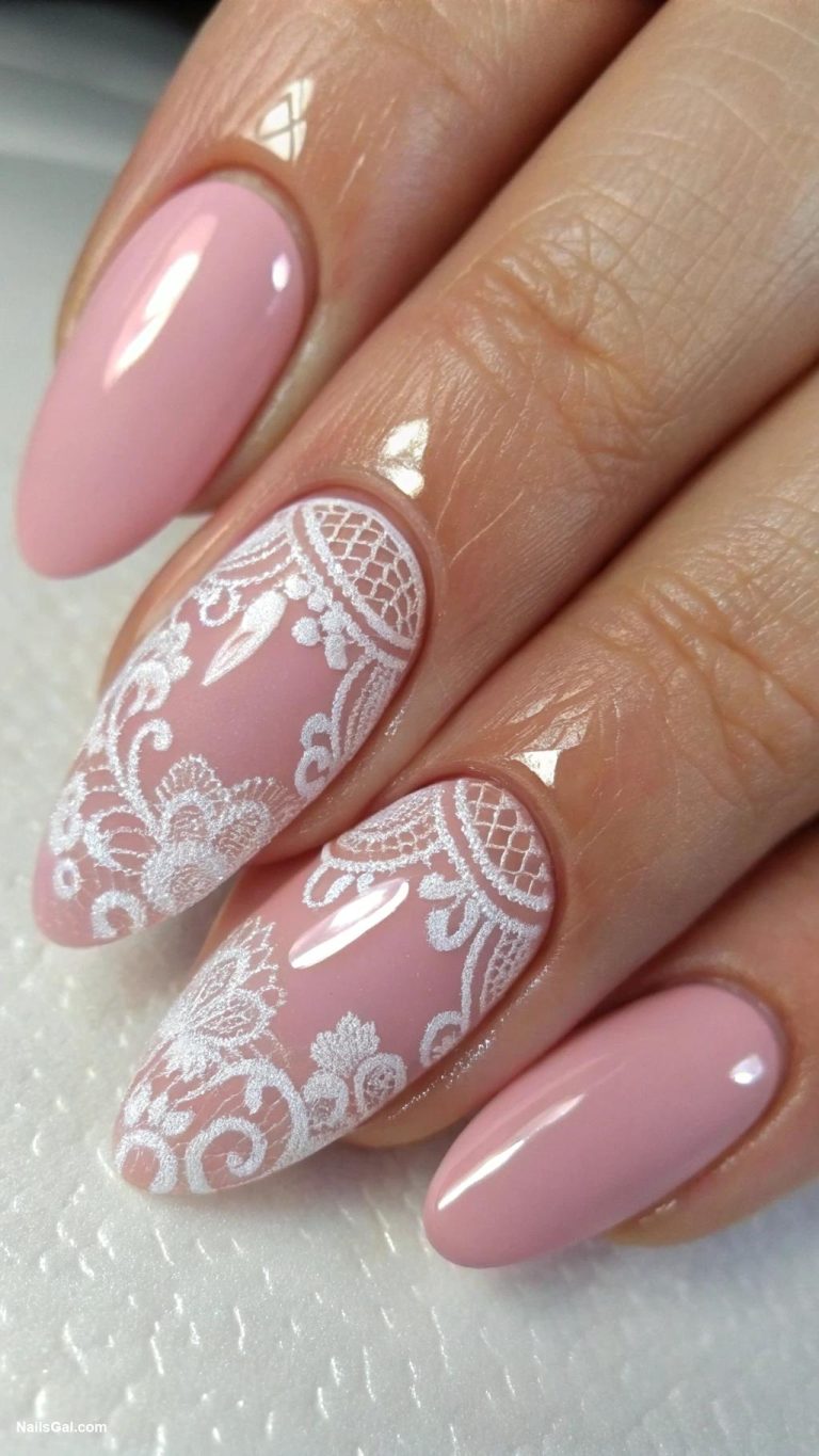 french nails ideas Delicate lace design on pink nails