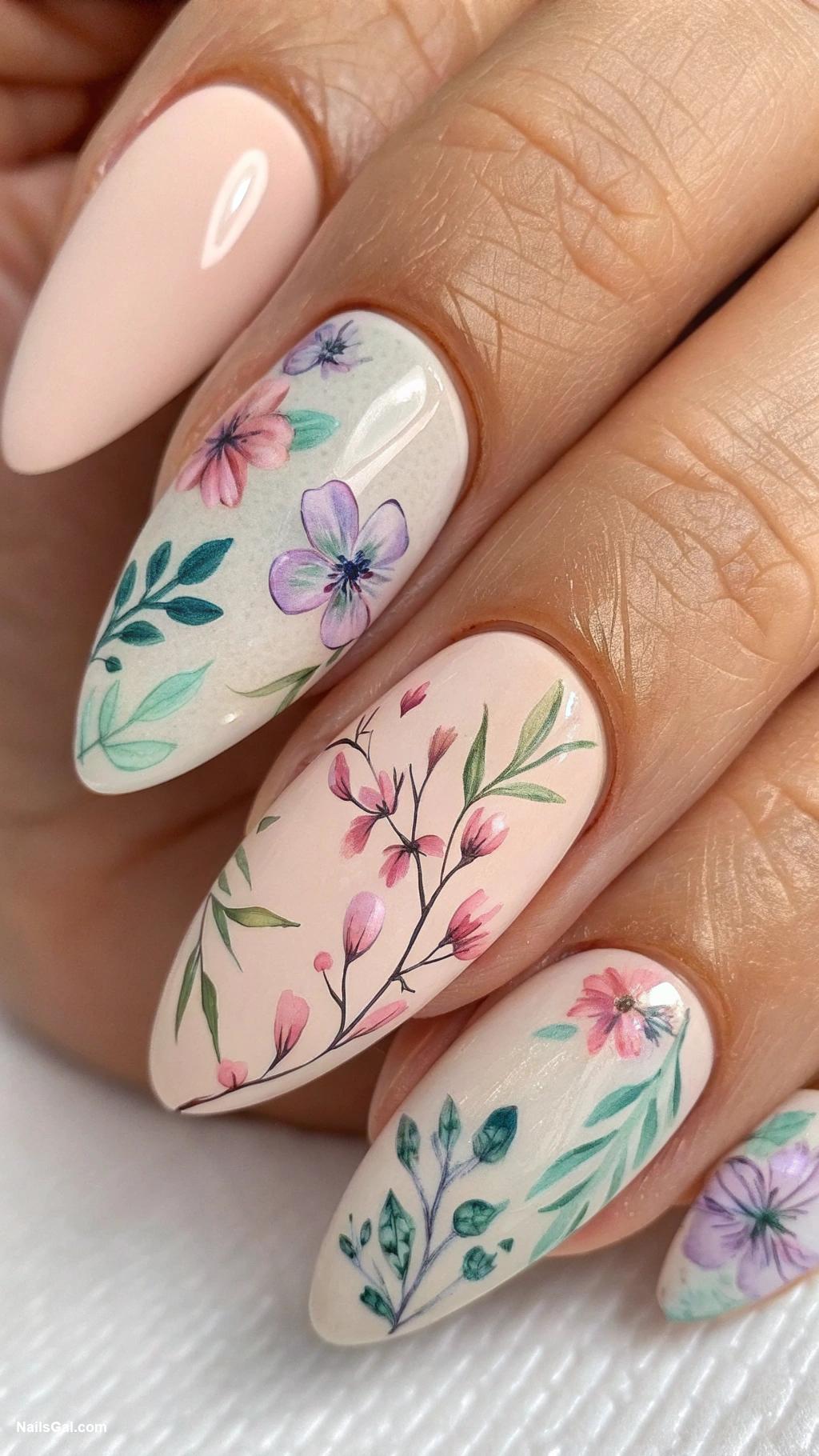 french nails ideas Floral watercolor art on nude base