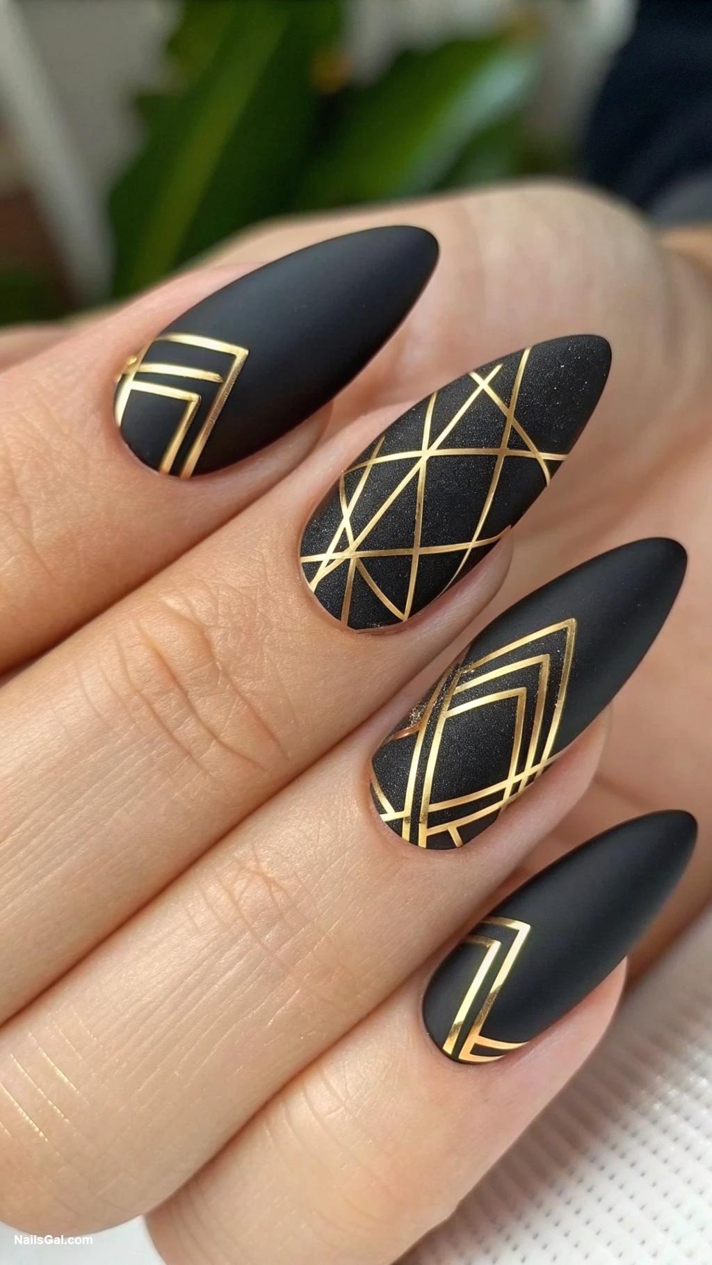 french nails ideas Matte black with gold accents