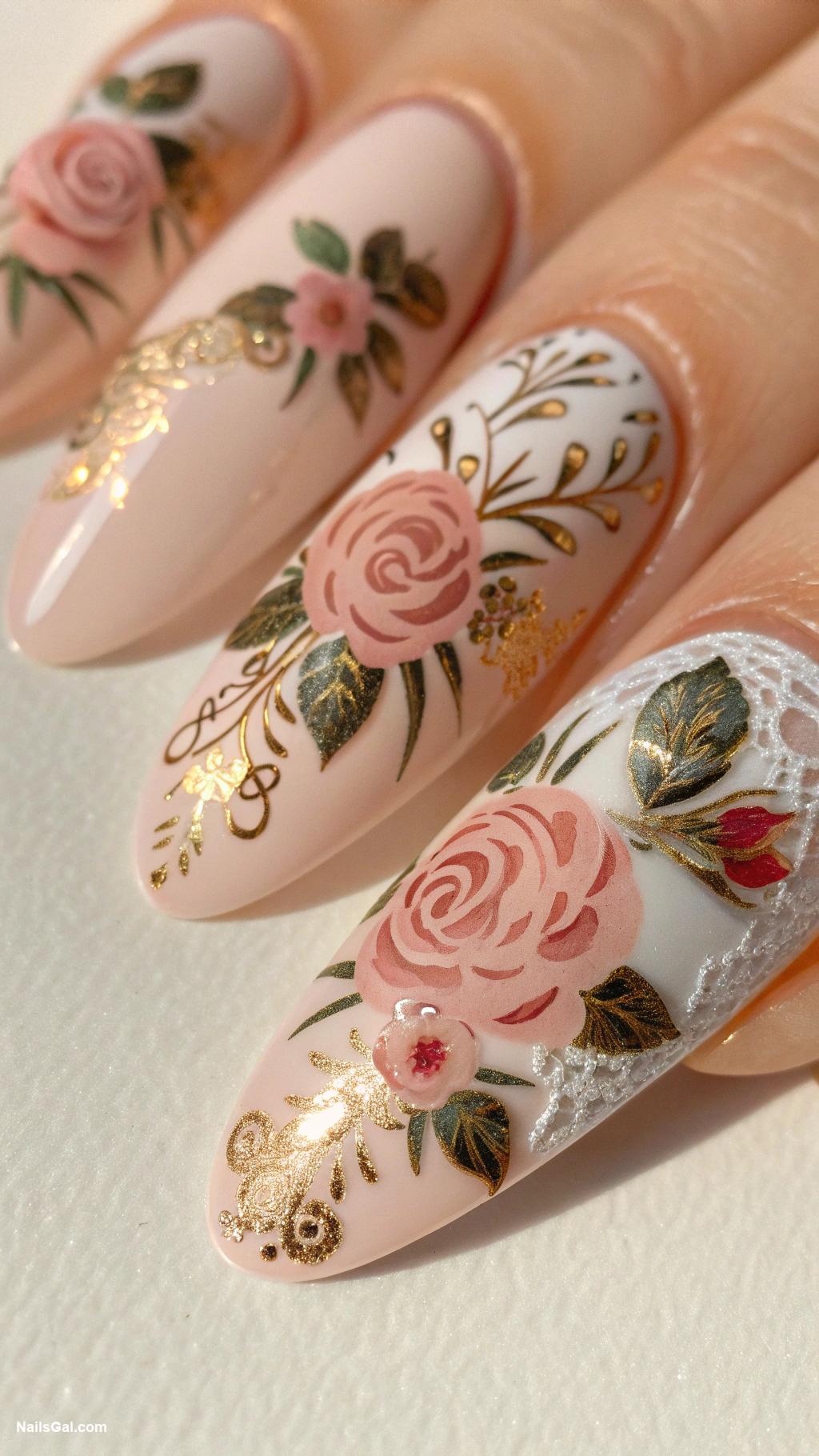 french nails ideas Vintage rose designs on soft beige