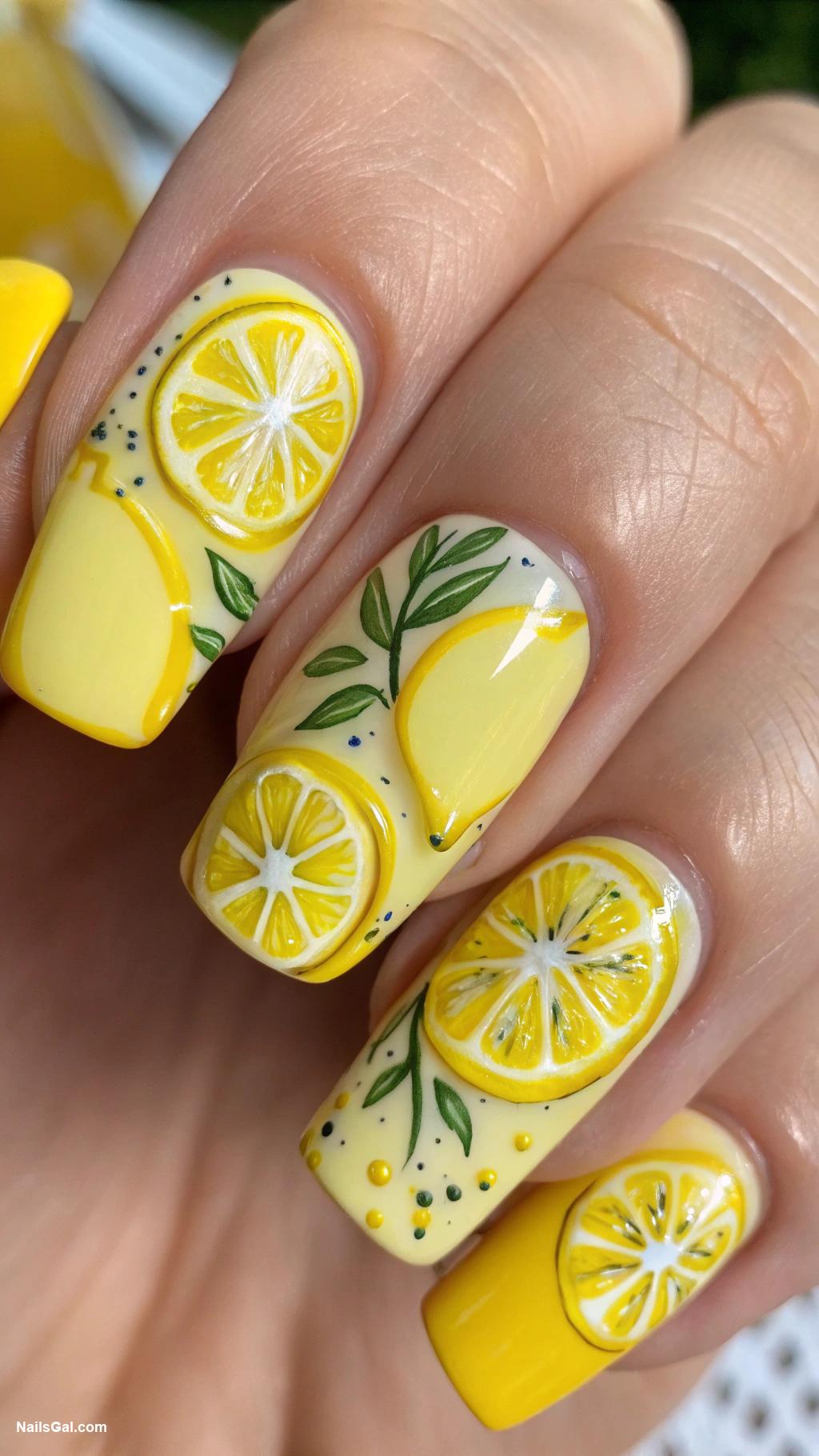 french riviera nails Bright yellow with lemon slice detailing