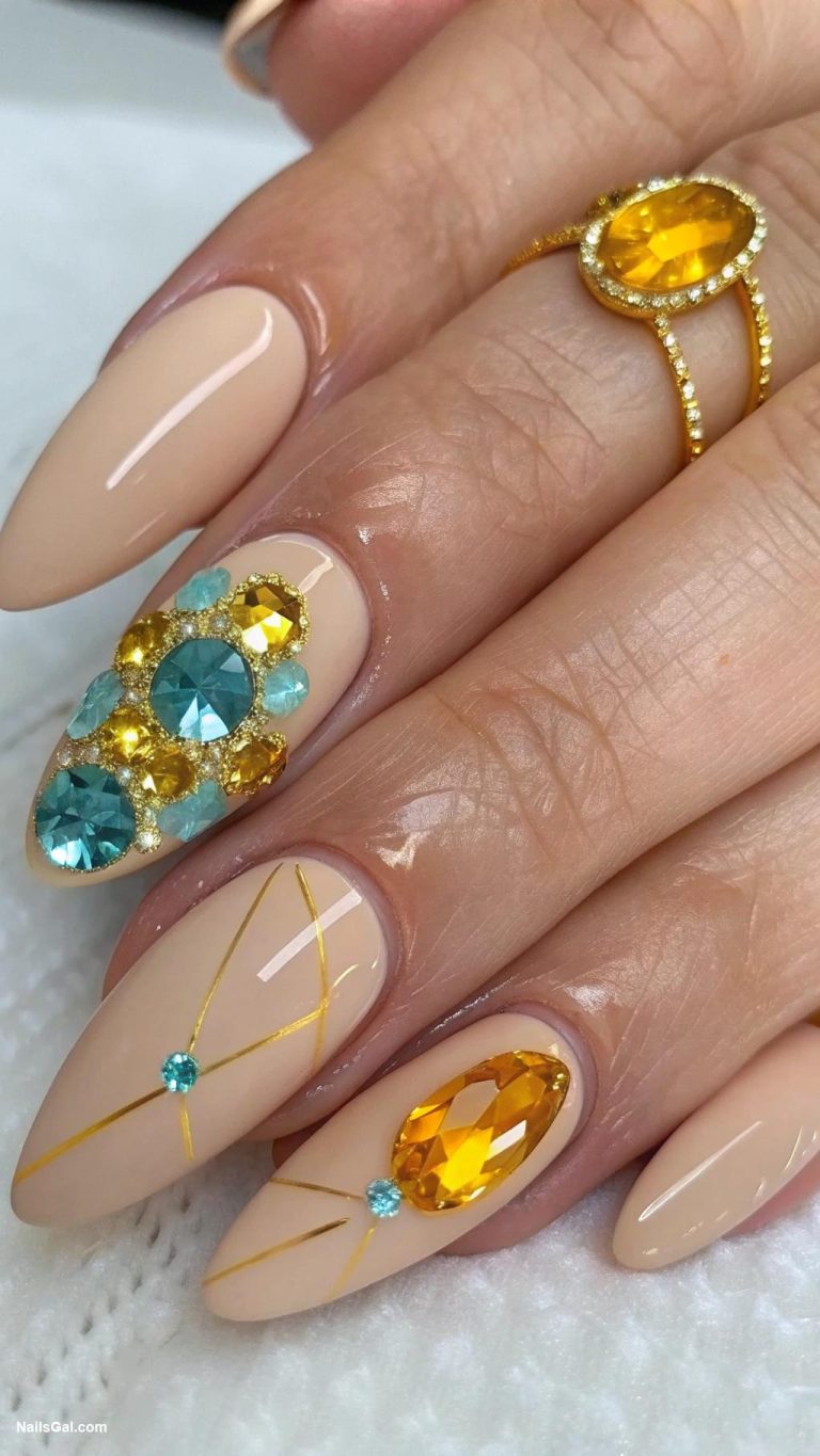 french riviera nails Citrine and aqua gemstone inspired design