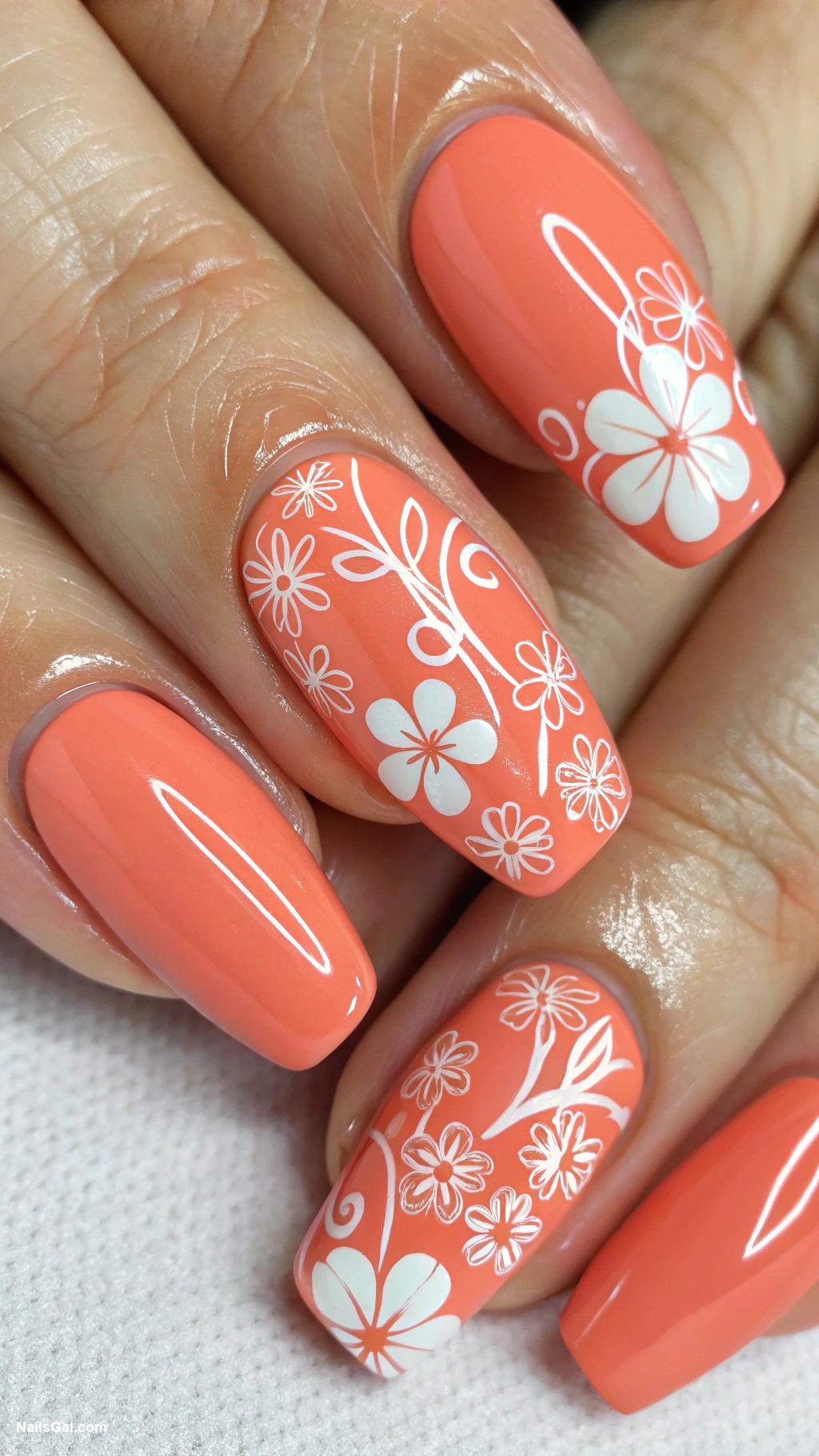 french riviera nails Coral base with white flower outlines
