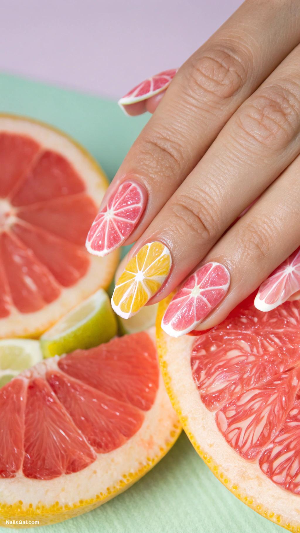 french riviera nails Pink grapefruit halves on pastel base