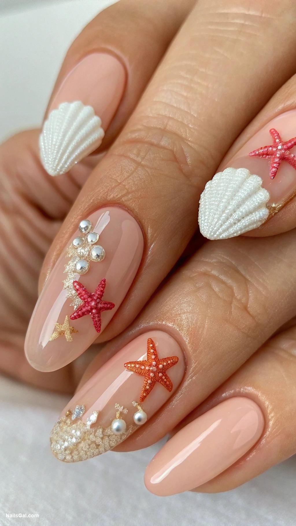french riviera nails Seashells and starfish on nude background