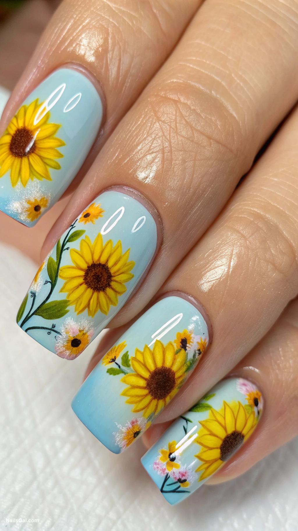 french riviera nails Sunflower and blue sky nail art