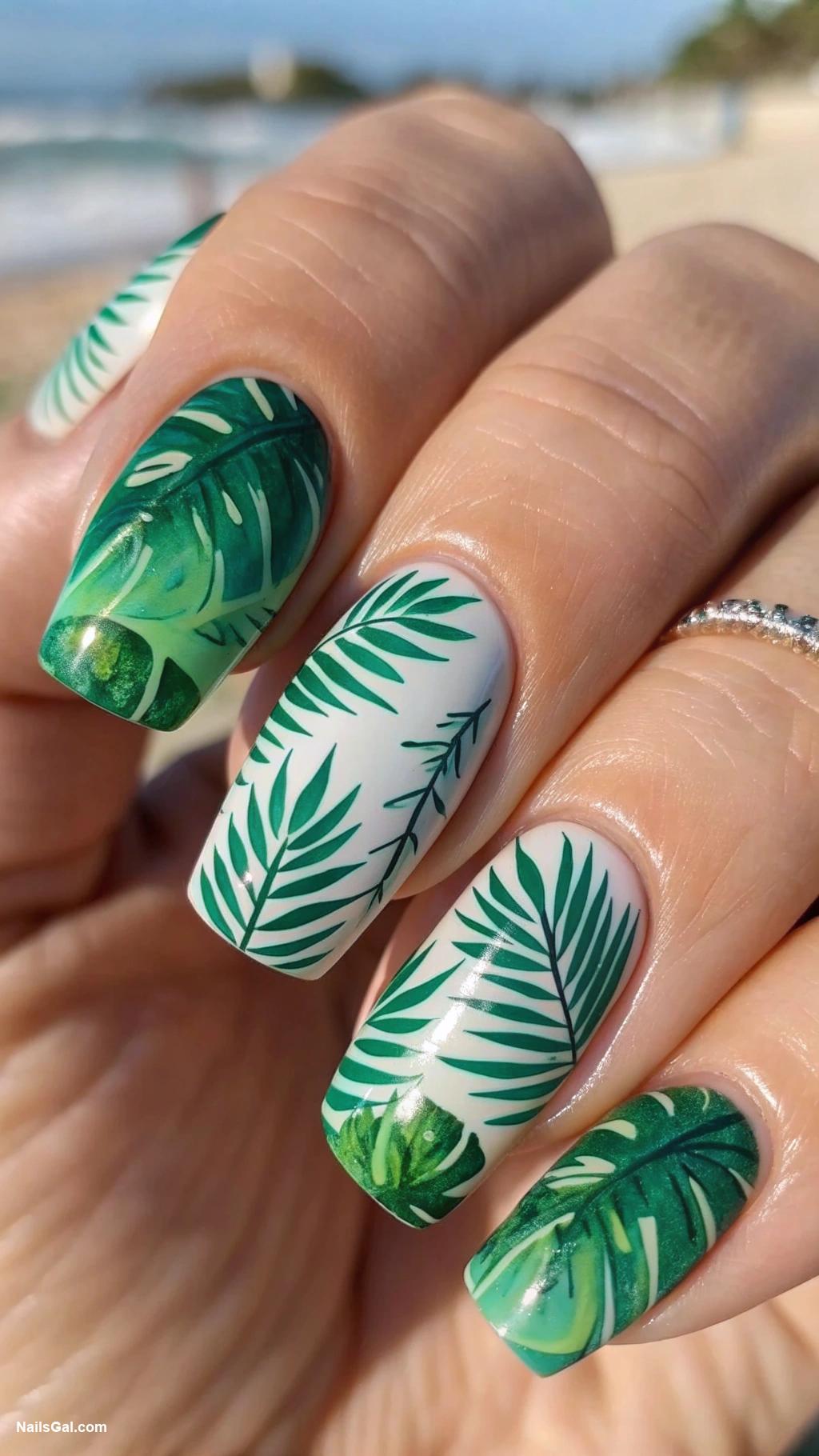 french riviera nails Tropical palm leaf patterns in green