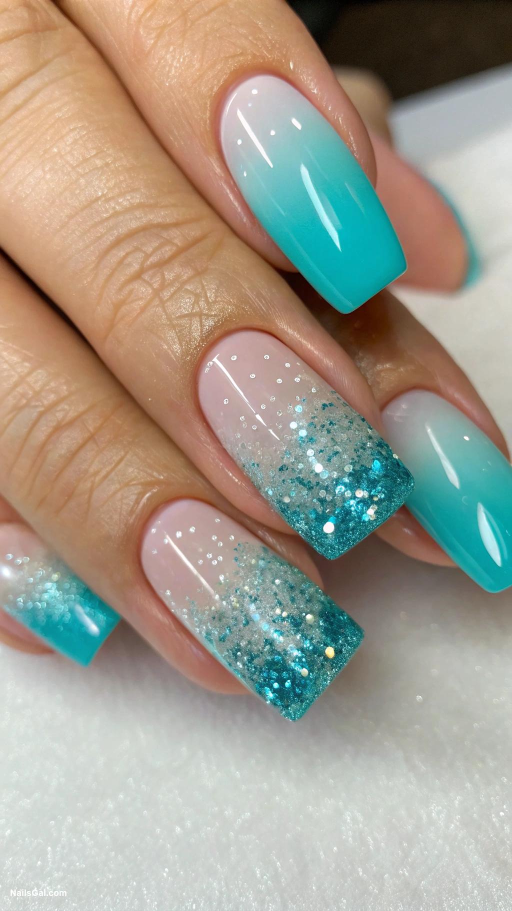 french riviera nails Turquoise French tips with glitter fade