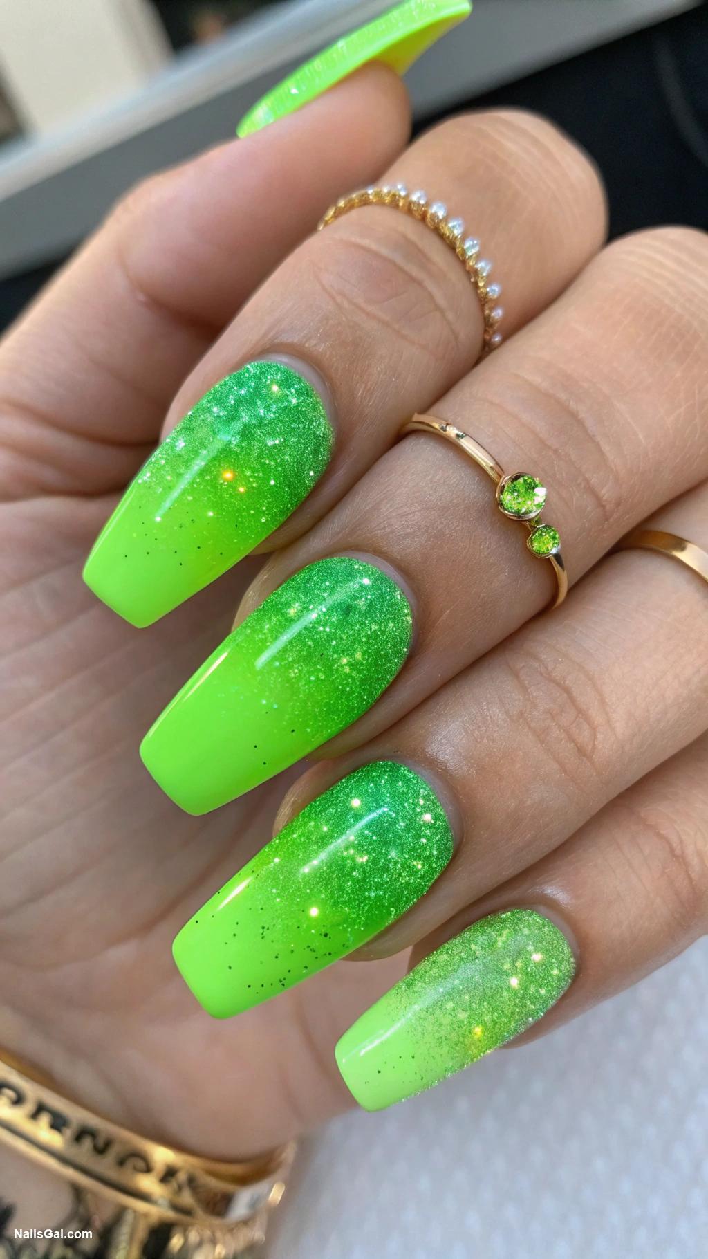 green ombre nails Bright green with glitter fade
