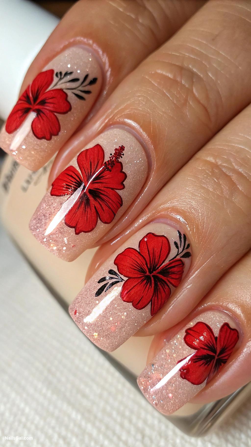 hibiscus nails Bold red hibiscus with glittery tips