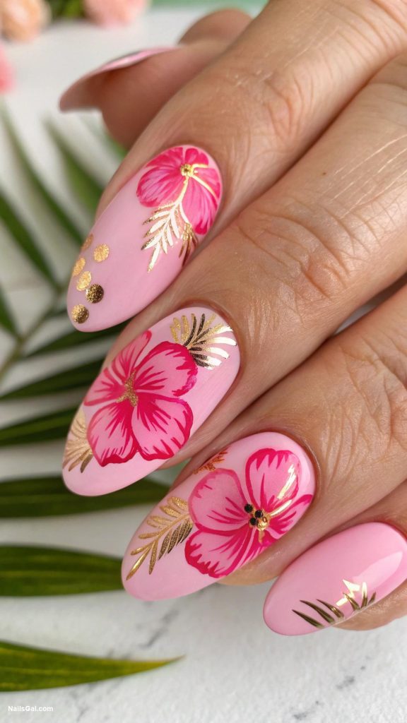hibiscus nails Bright pink hibiscus with gold accents
