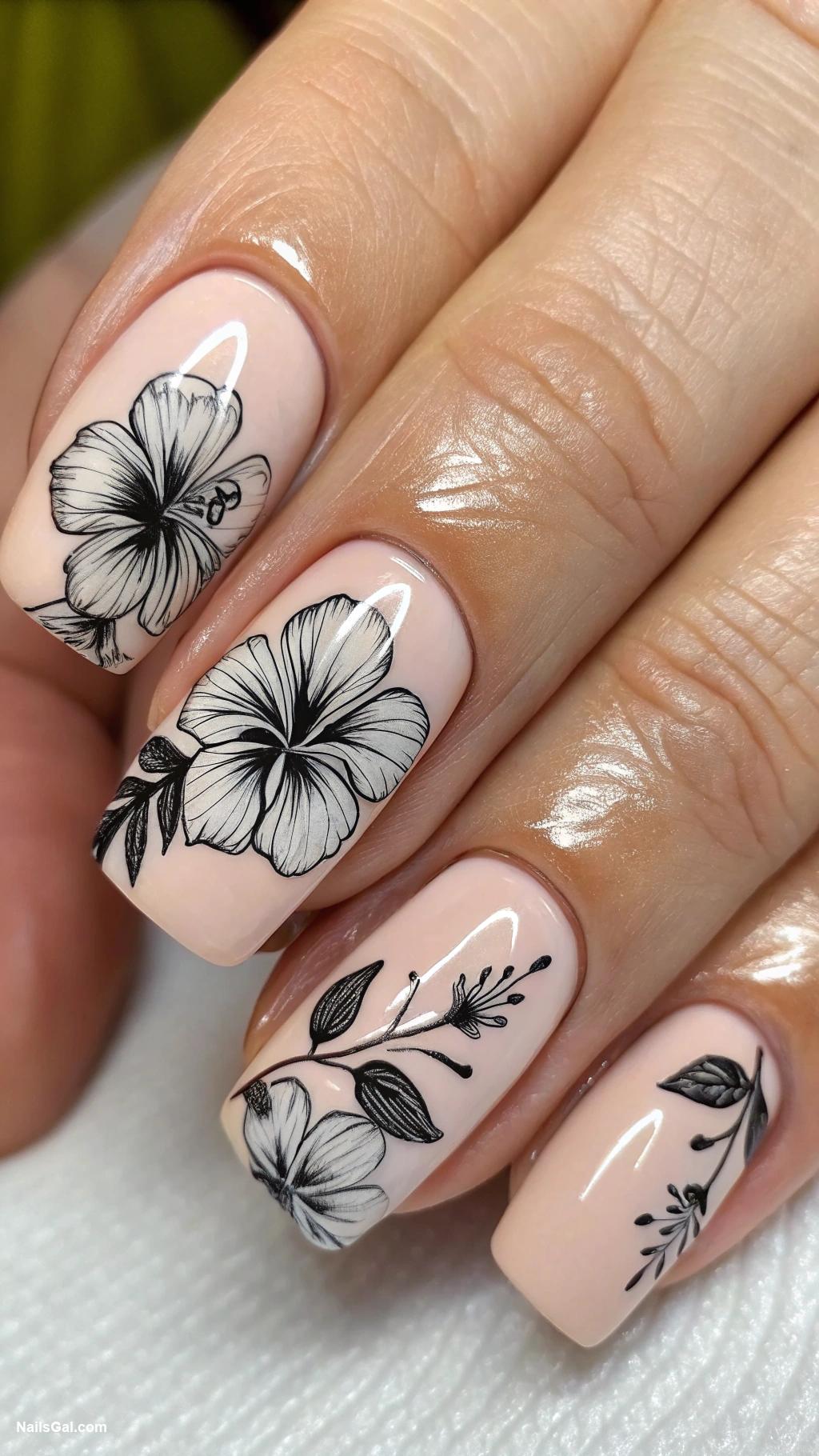 hibiscus nails Monochrome hibiscus on nude base