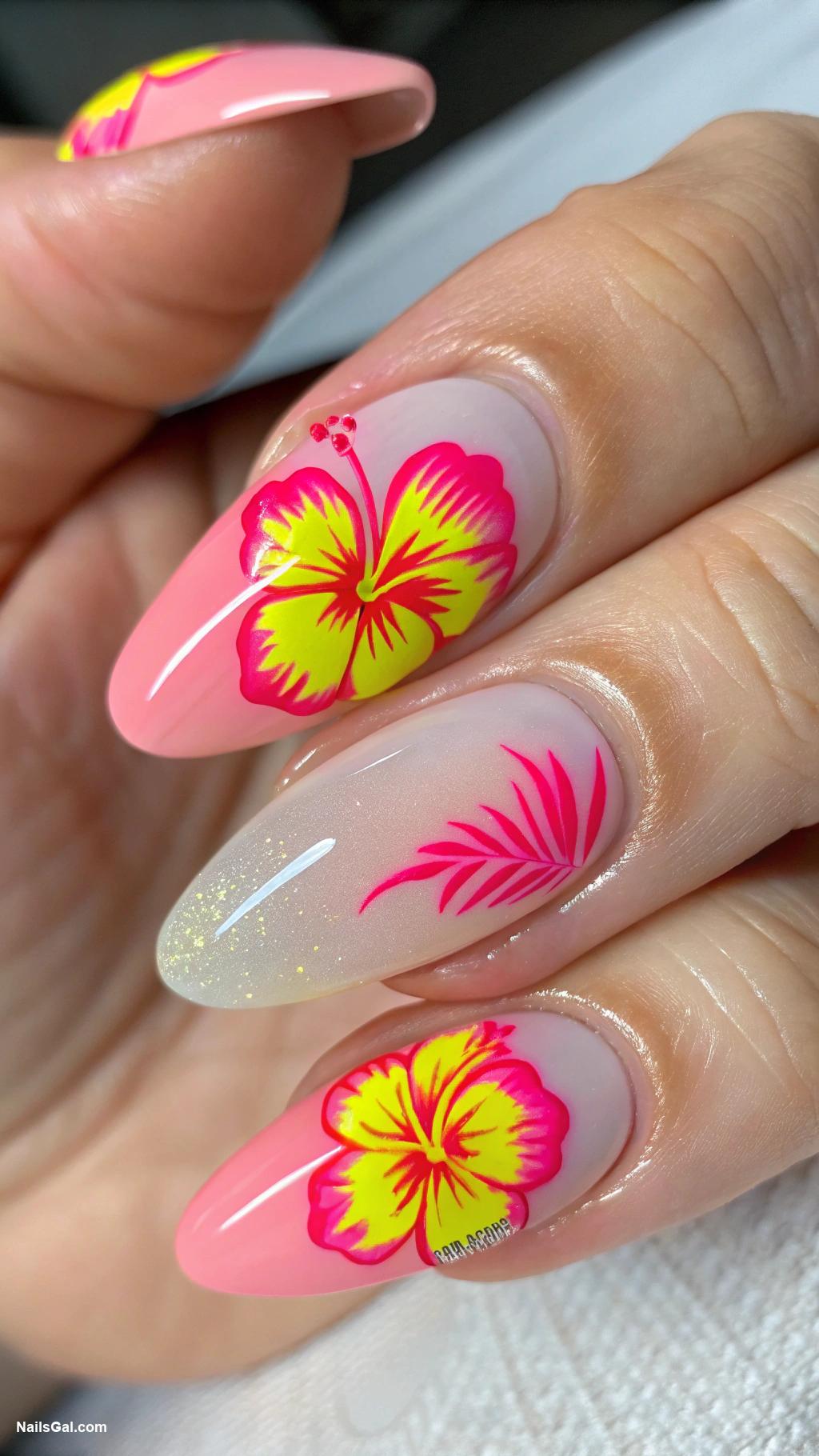 hibiscus nails Neon hibiscus on clear nail polish