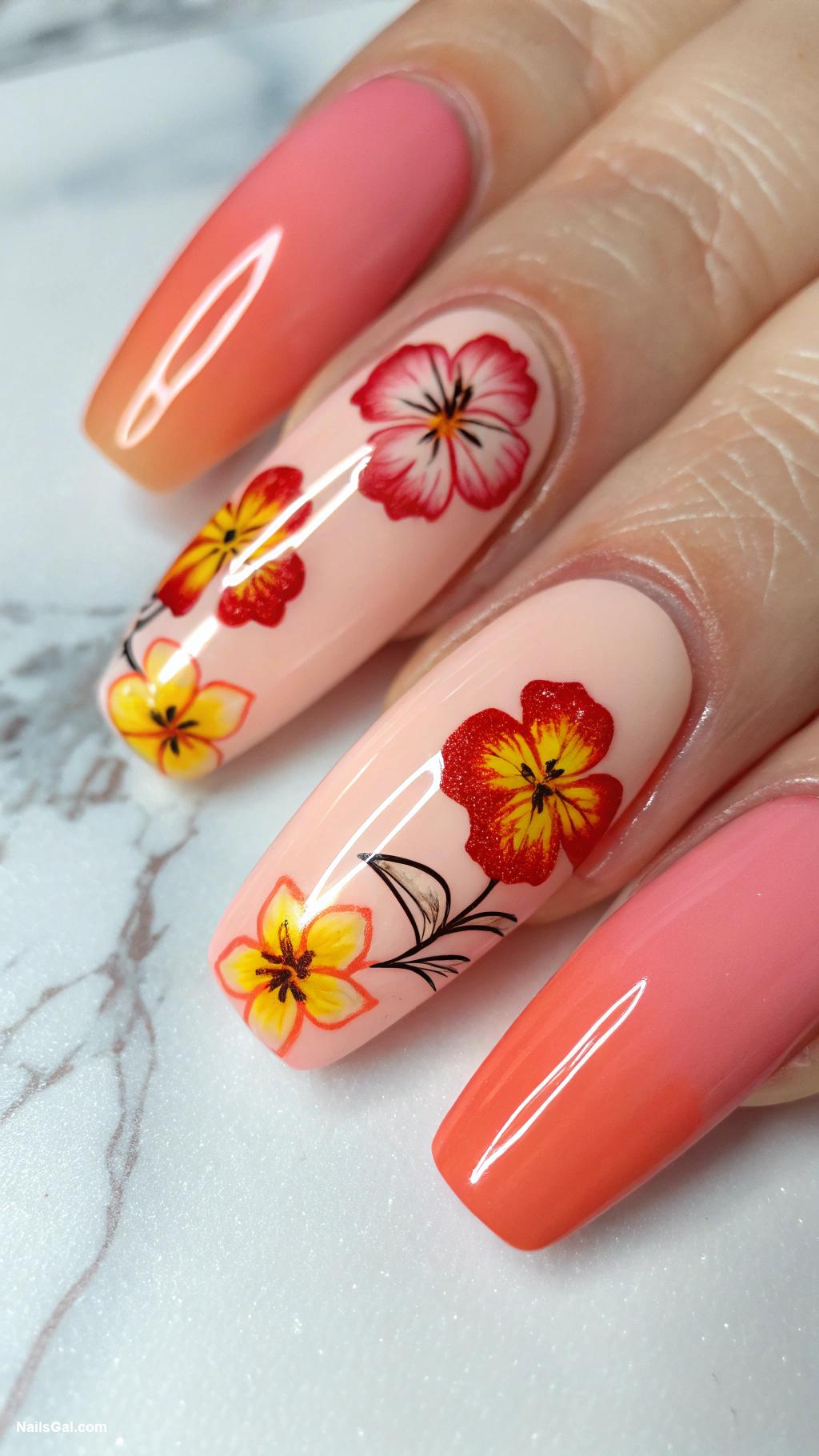 hibiscus nails Ombre nails with hibiscus art