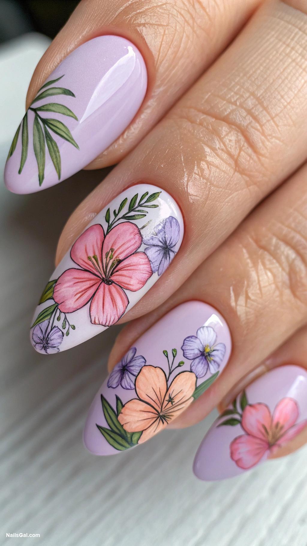 hibiscus nails Pastel hibiscus on soft lavender nails