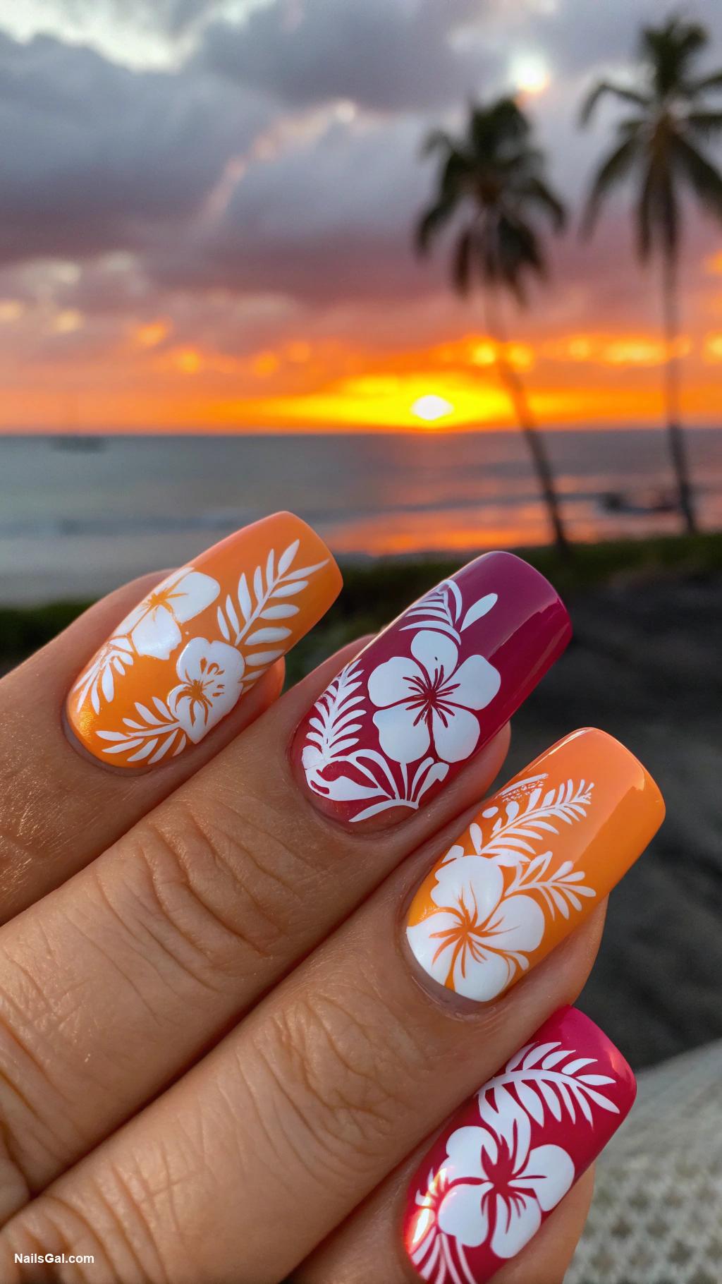 hibiscus nails Tropical sunset background with white hibiscus