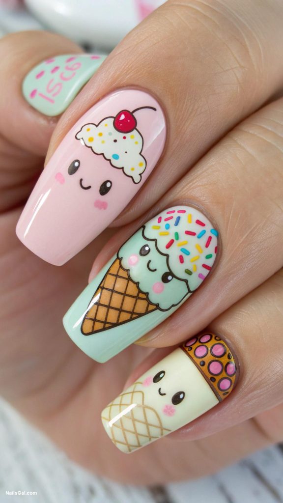 ice cream nails Cartoon ice cream characters on nails