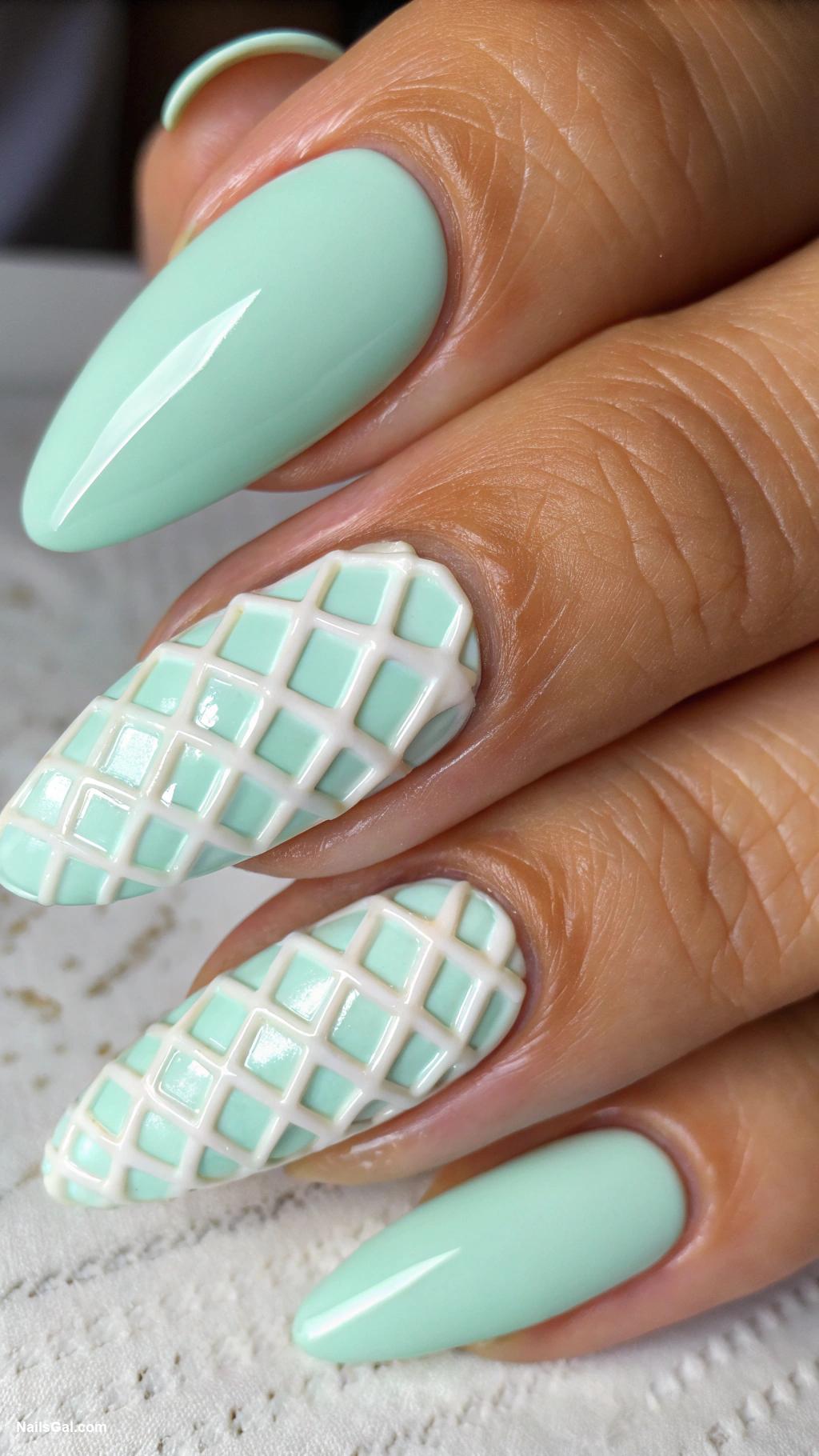 ice cream nails Mint green with white waffle patterns