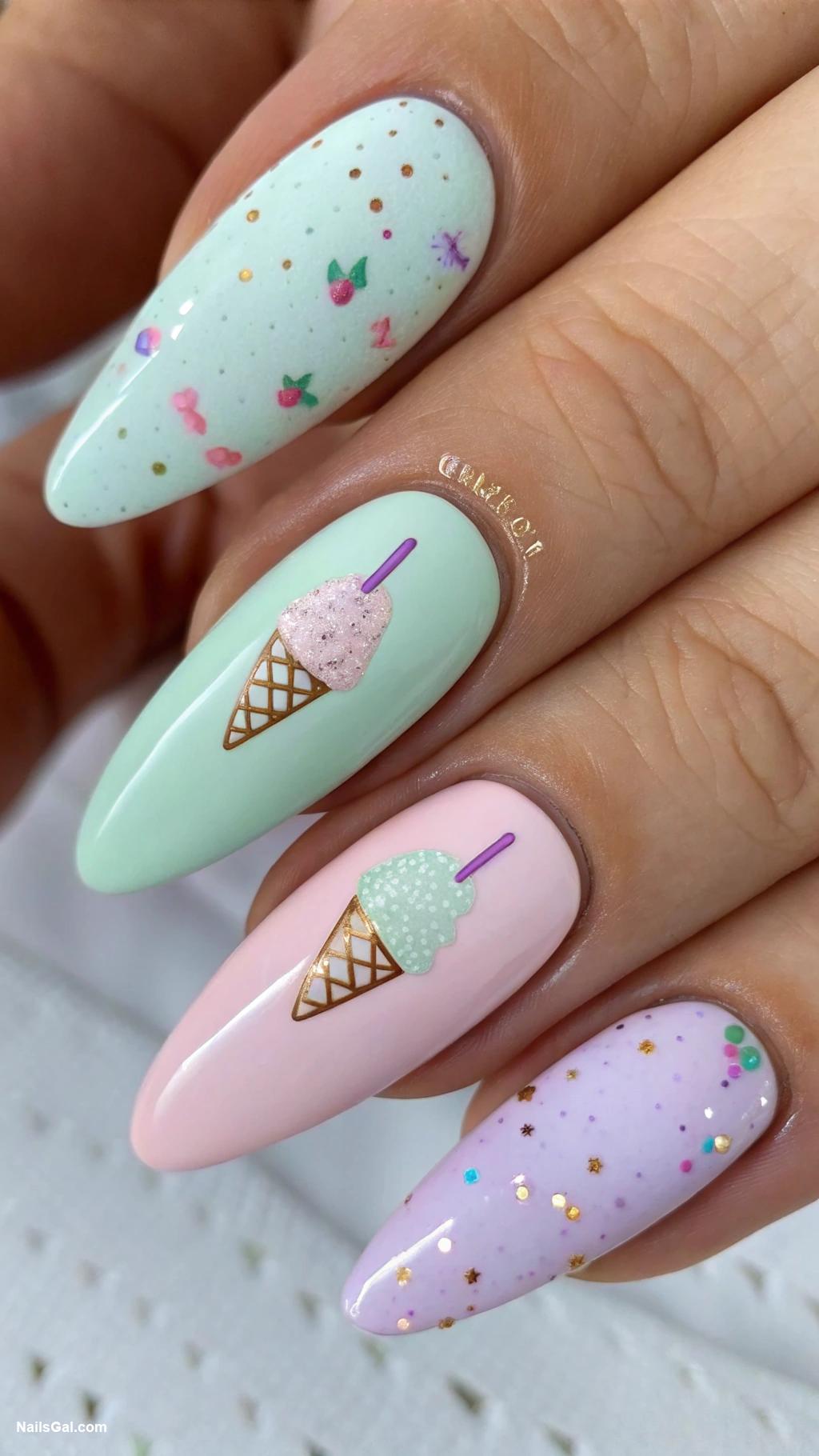 ice cream nails Pastel scoop patterns with glitter sprinkles