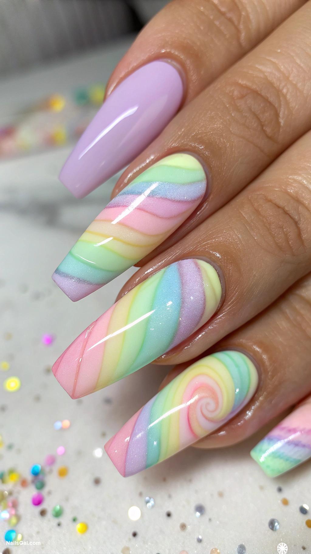 ice cream nails Rainbow swirl with glossy finish