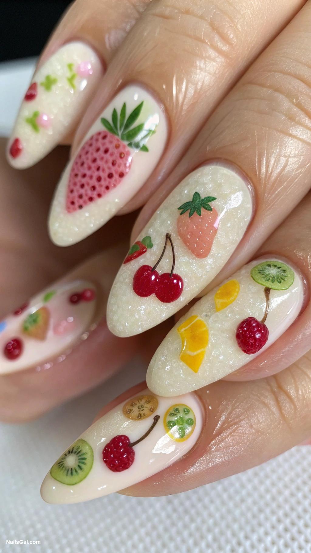 ice cream nails Vanilla base with colorful fruit toppings