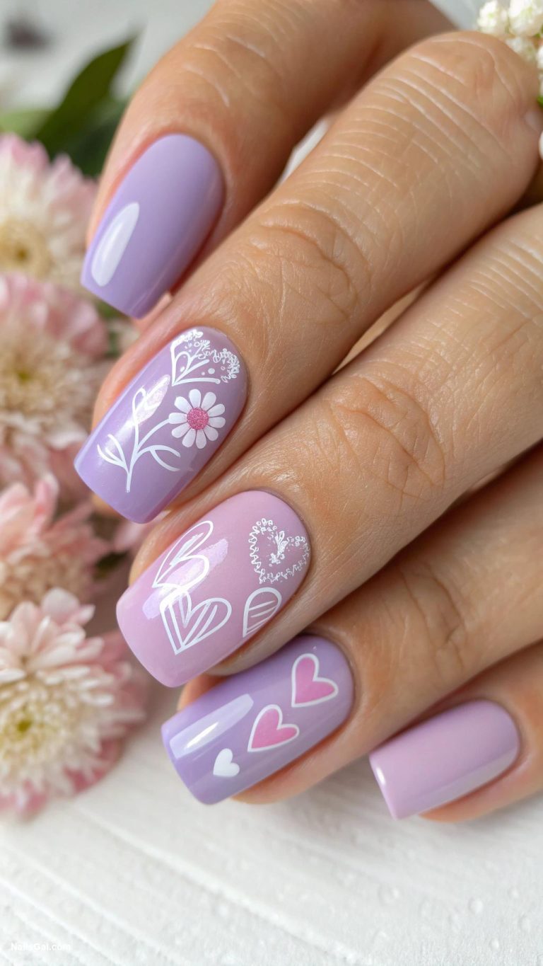 lavender nails Solid lavender with heart designs