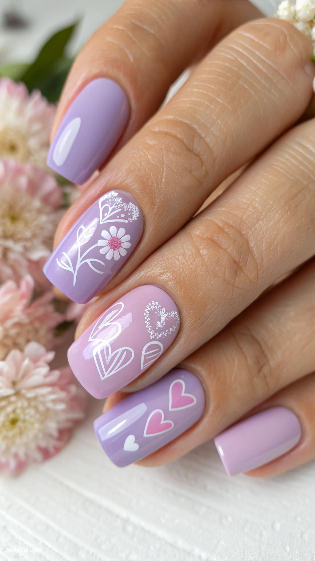 lavender nails Solid lavender with heart designs