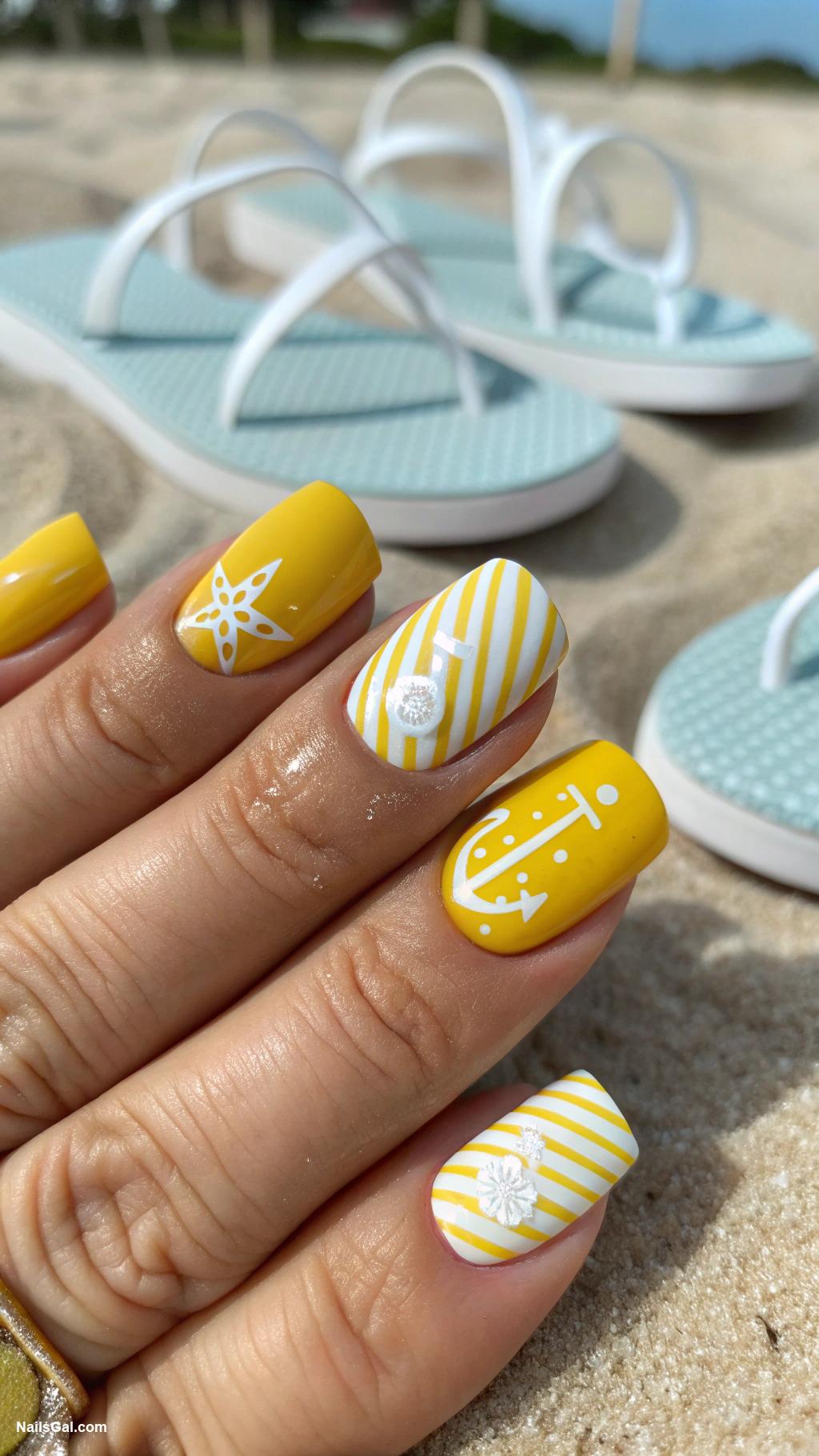 nantucket nails Flip flops on sunny yellow