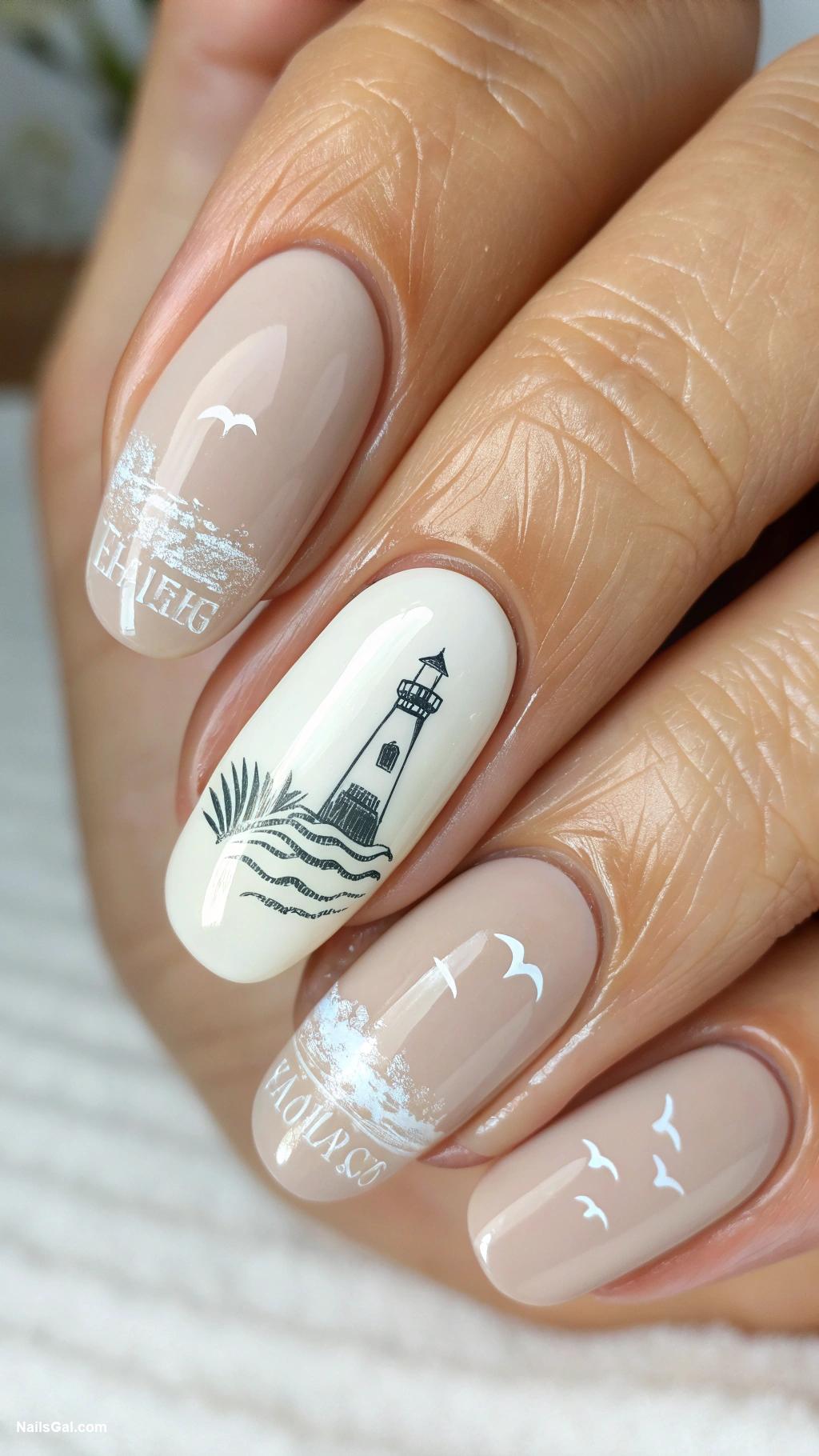 nantucket nails Lighthouse silhouette on nude base