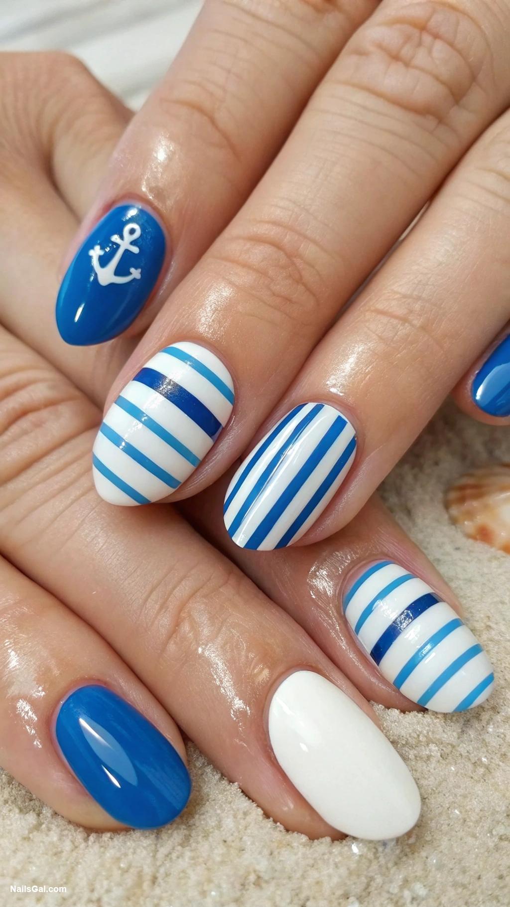 nantucket nails Nautical stripes in blue and white